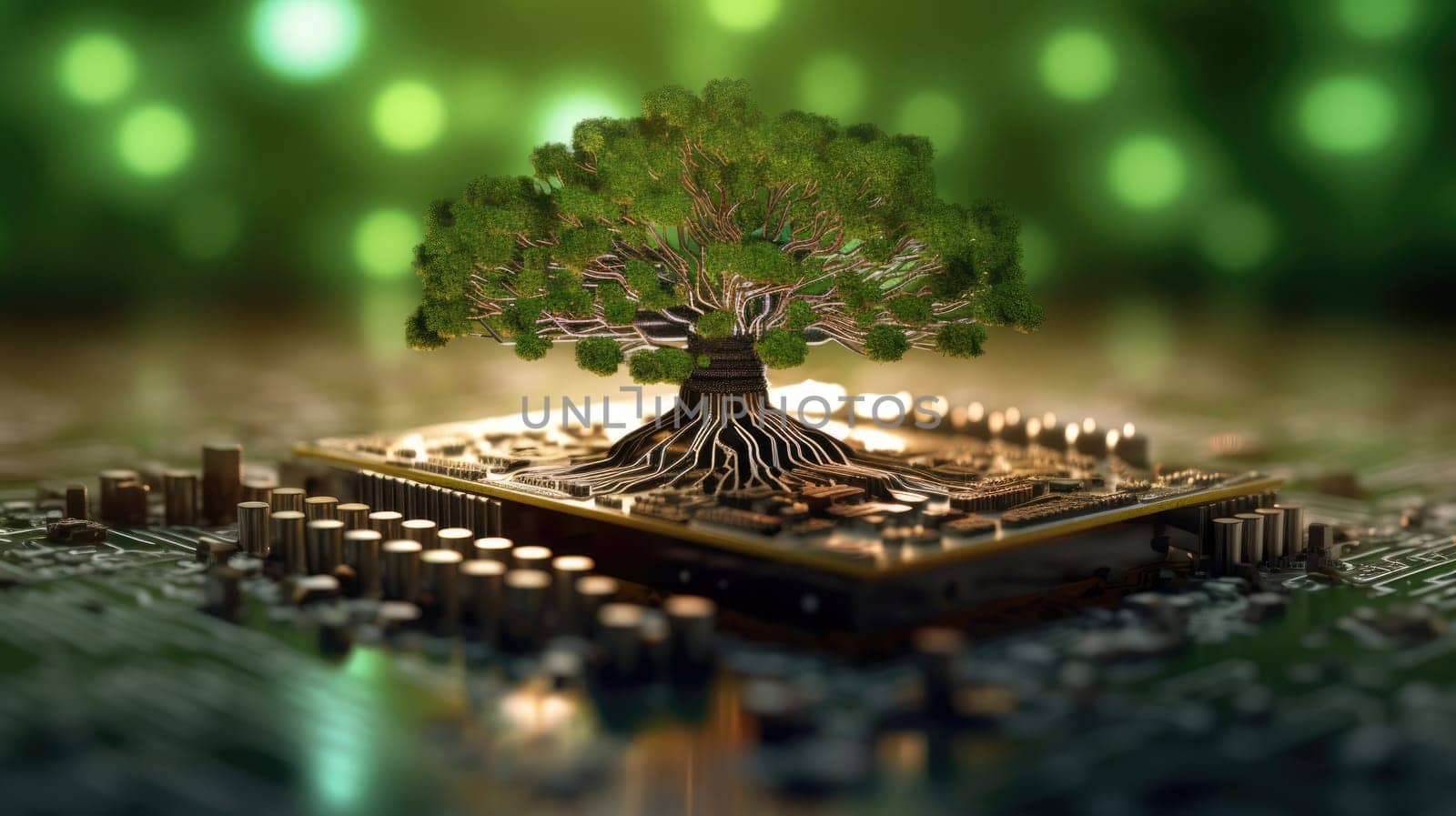 A beautiful large tree growing on the micro chip computer circuit board showing concept of digital business CSR and ethics ESG, waste management. Generative AI weber. by biancoblue