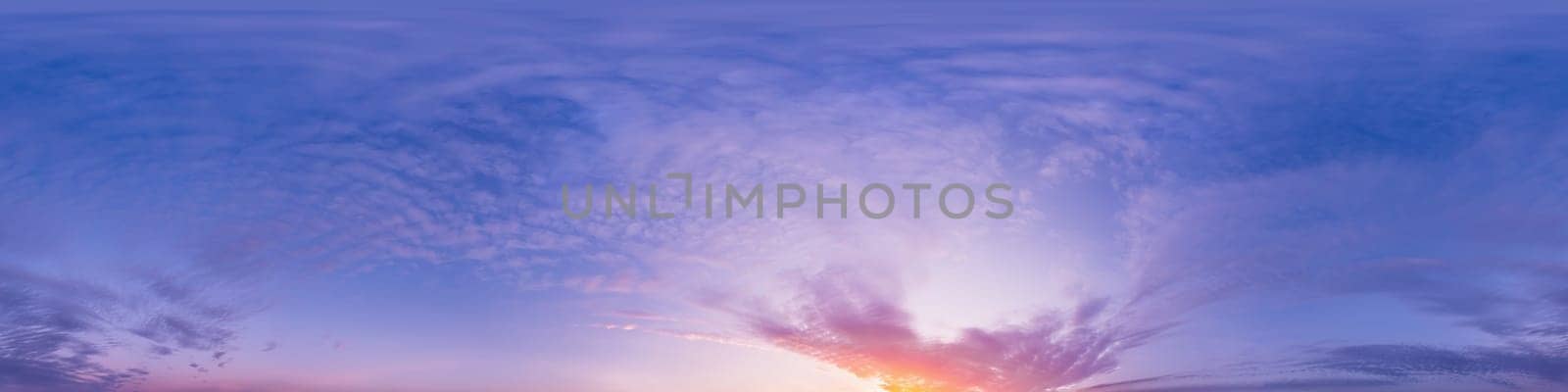 Sunset sky panorama with dramatic bright glowing pink Cirrus clouds. HDR 360 seamless spherical panorama. Full zenith or sky dome for 3D visualization, sky replacement for aerial drone panoramas. by Matiunina