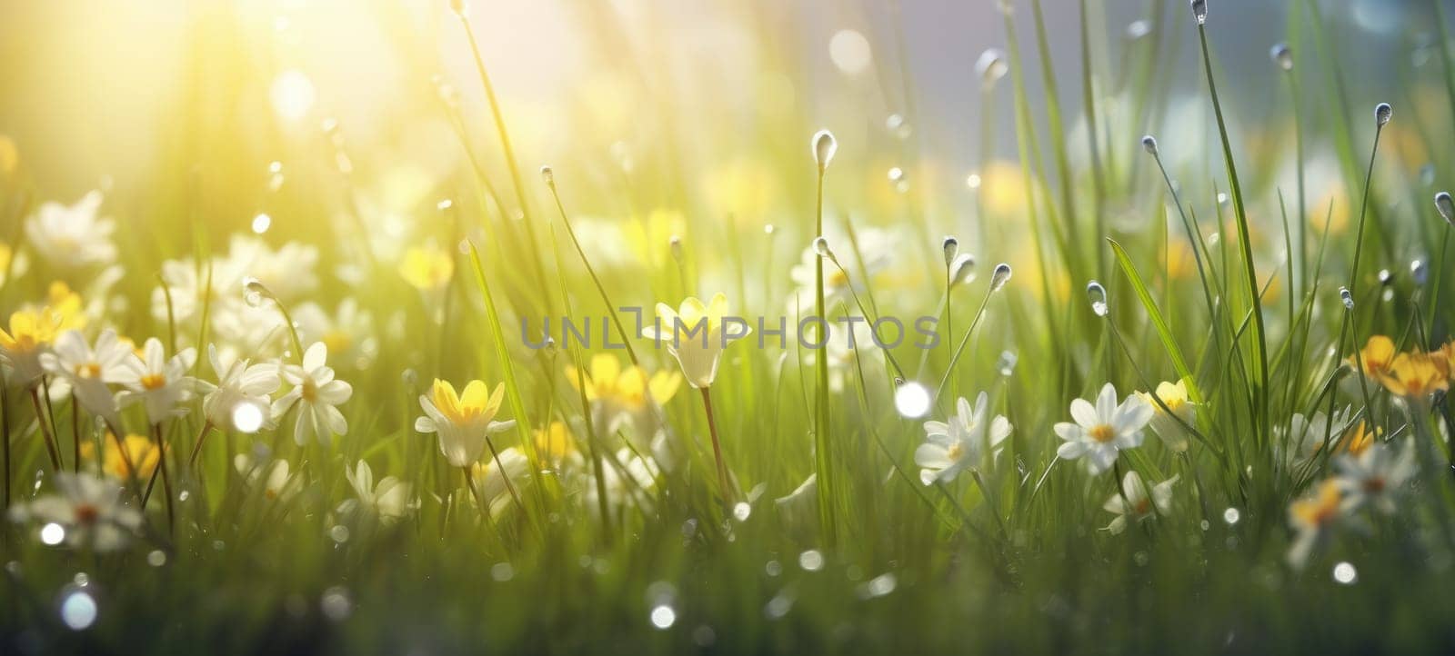 grass sunlight spring summer with dew, ai by rachellaiyl