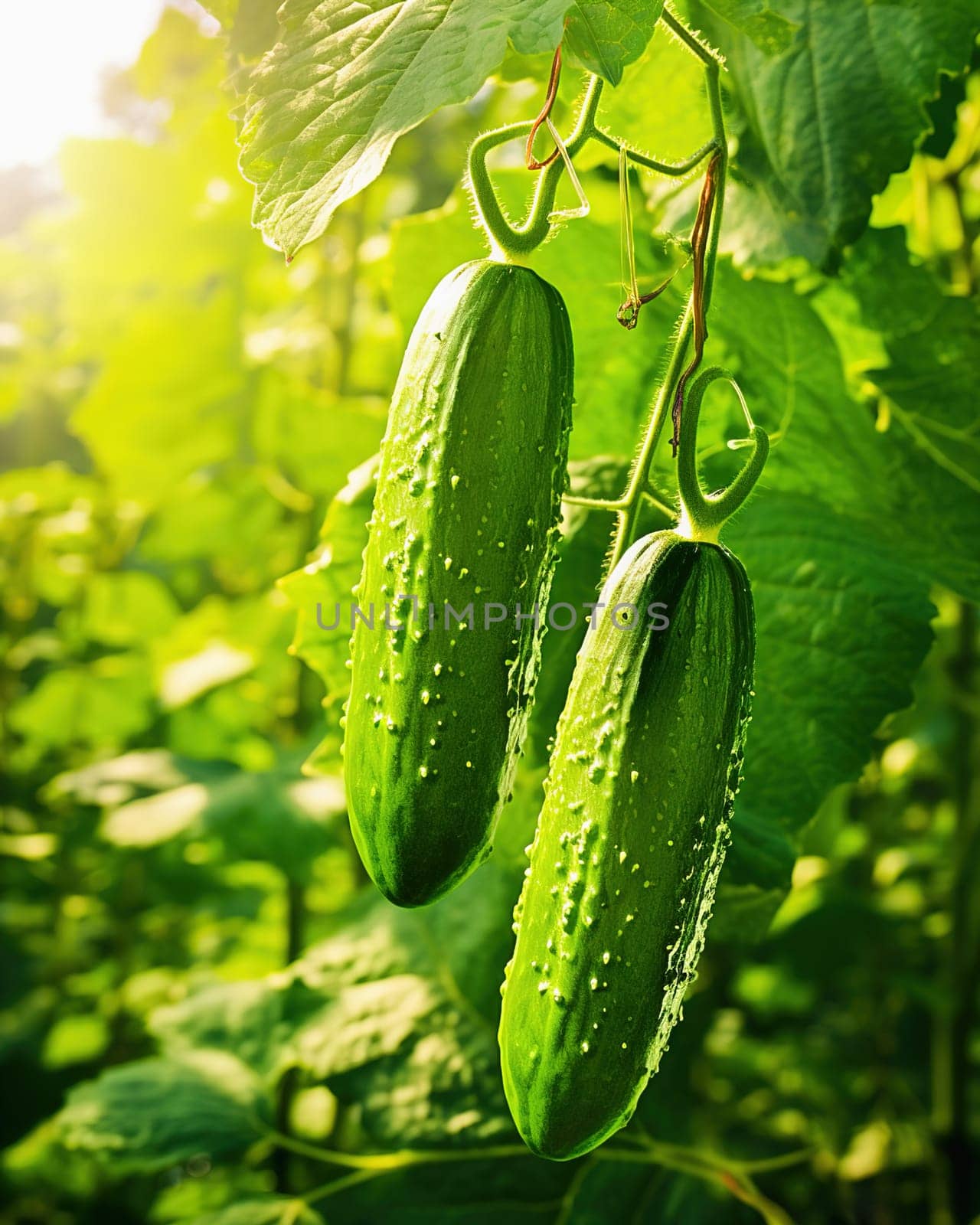 Cucumbers on a branch in a greenhouse close-up. High quality photo