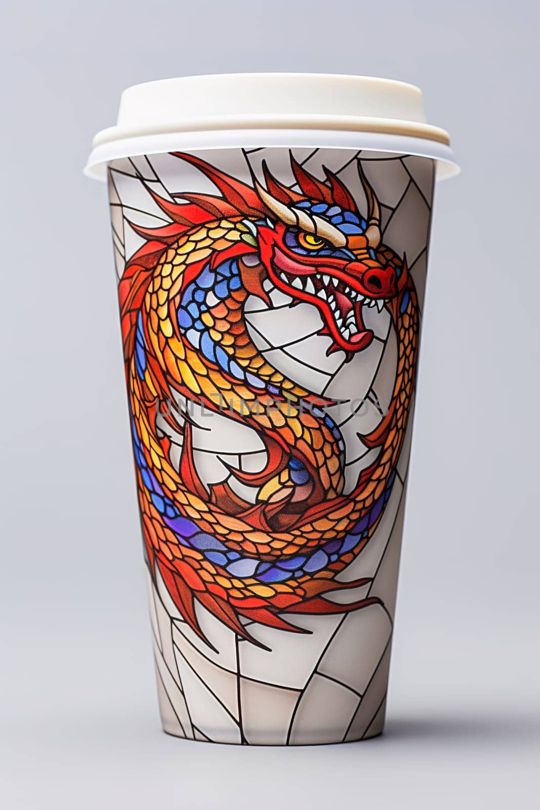 A paper coffee cup with an image of a dragon, the symbol of the year. High quality illustration