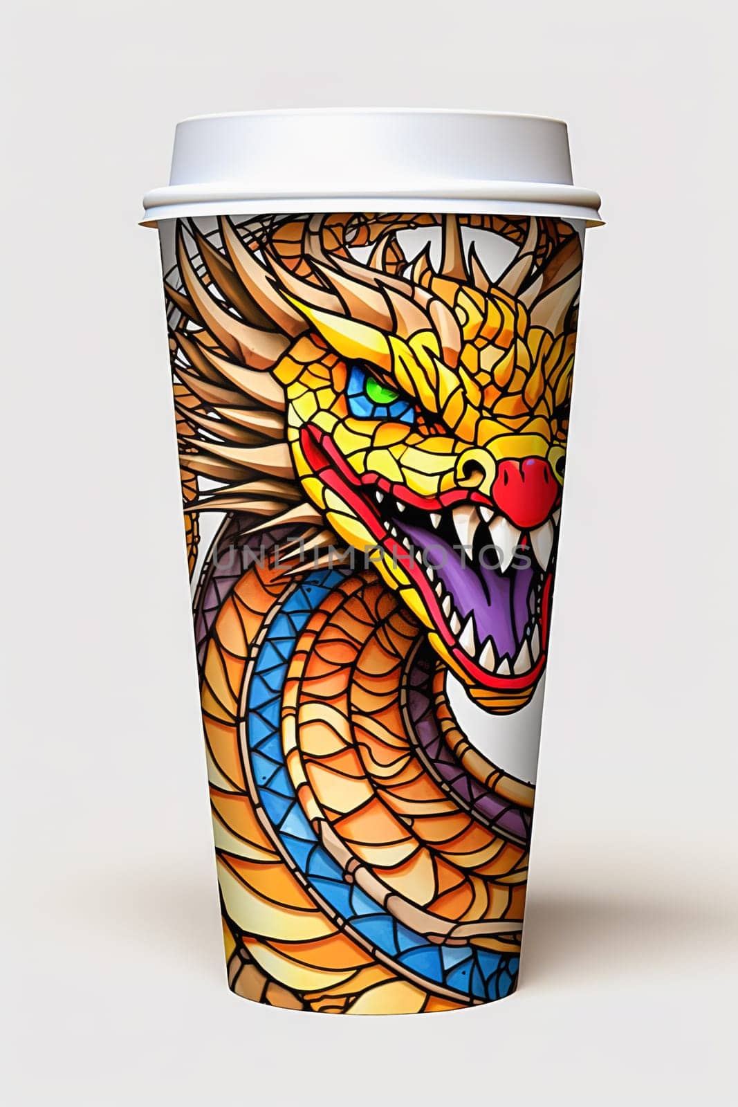 A paper coffee cup with an image of a dragon, the symbol of the year. High quality illustration