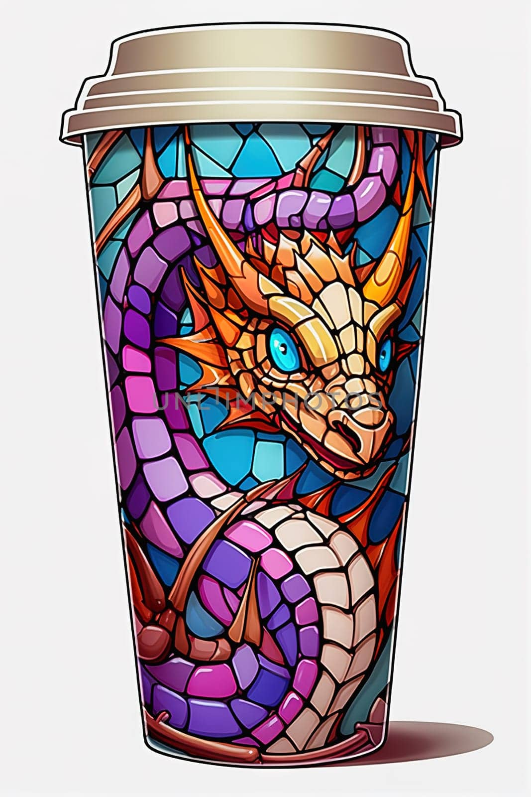 A paper coffee cup with an image of a dragon, the symbol of the year. High quality illustration