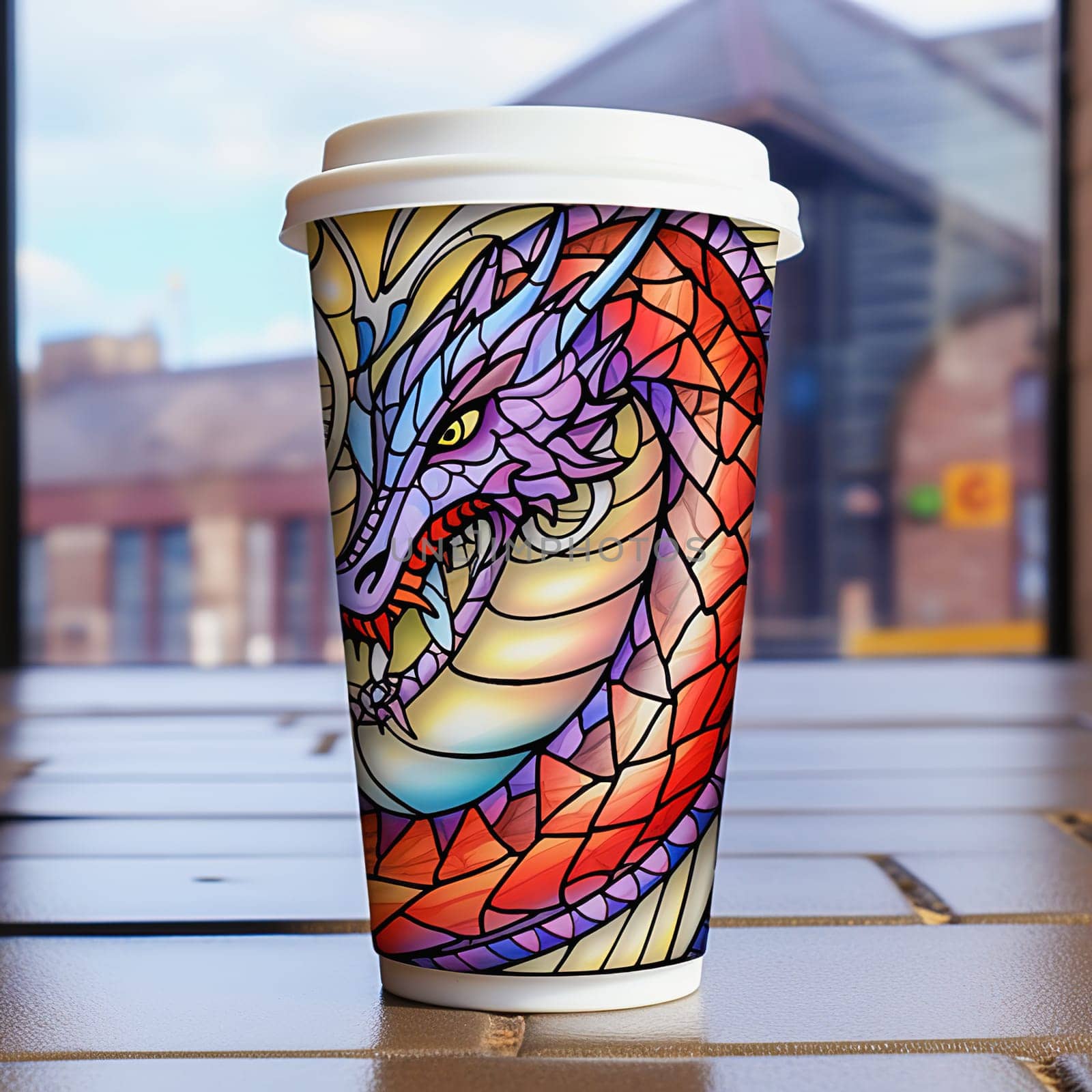 A paper coffee cup with an image of a dragon, the symbol of the year. by Yurich32