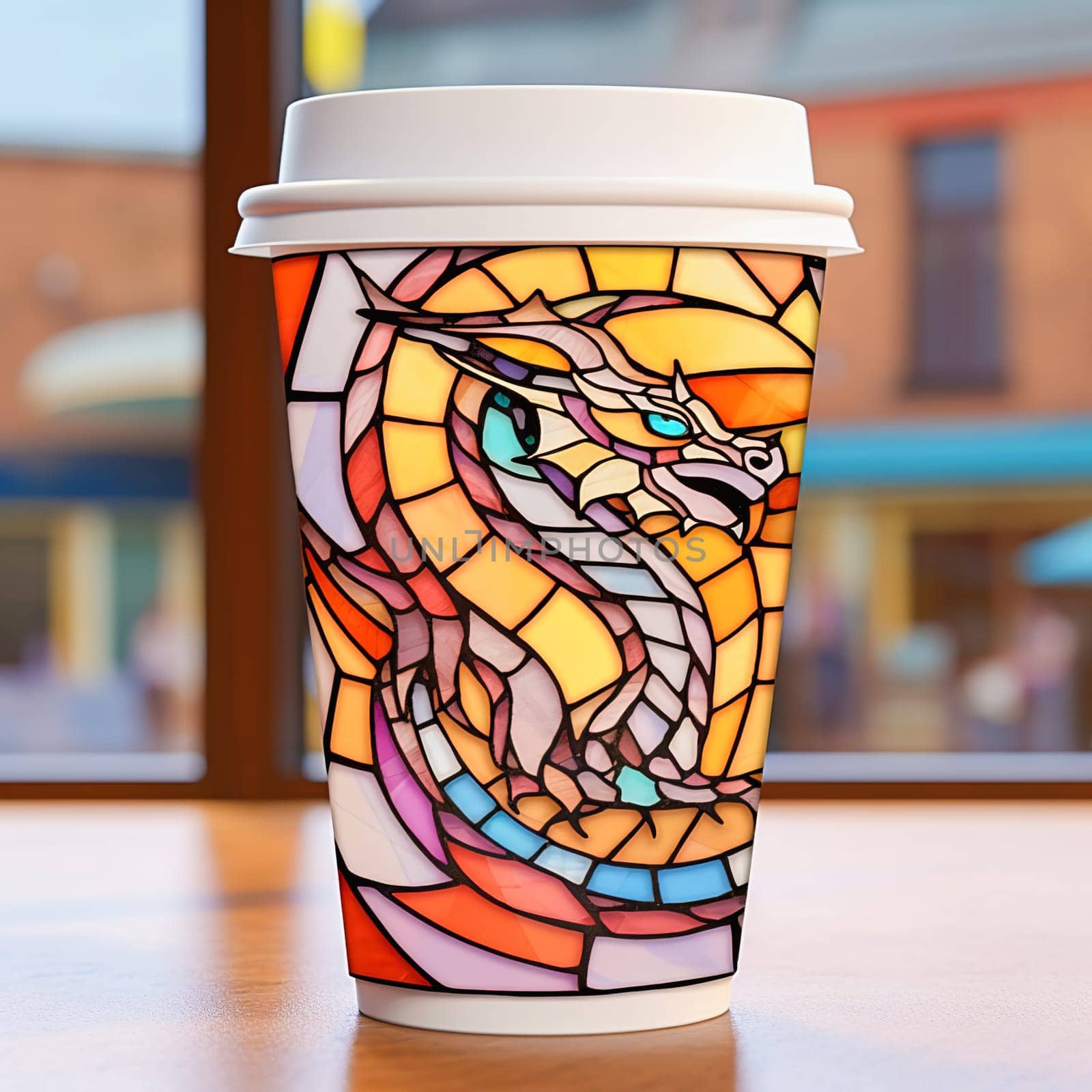 A paper coffee cup with an image of a dragon, the symbol of the year. by Yurich32