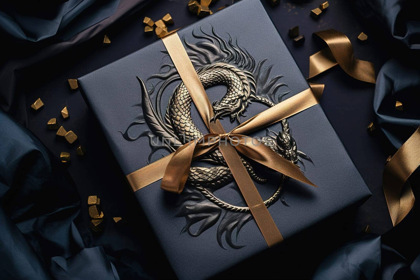 Black gift box with a dragon image. Symbol of the new year 2024. High quality photo