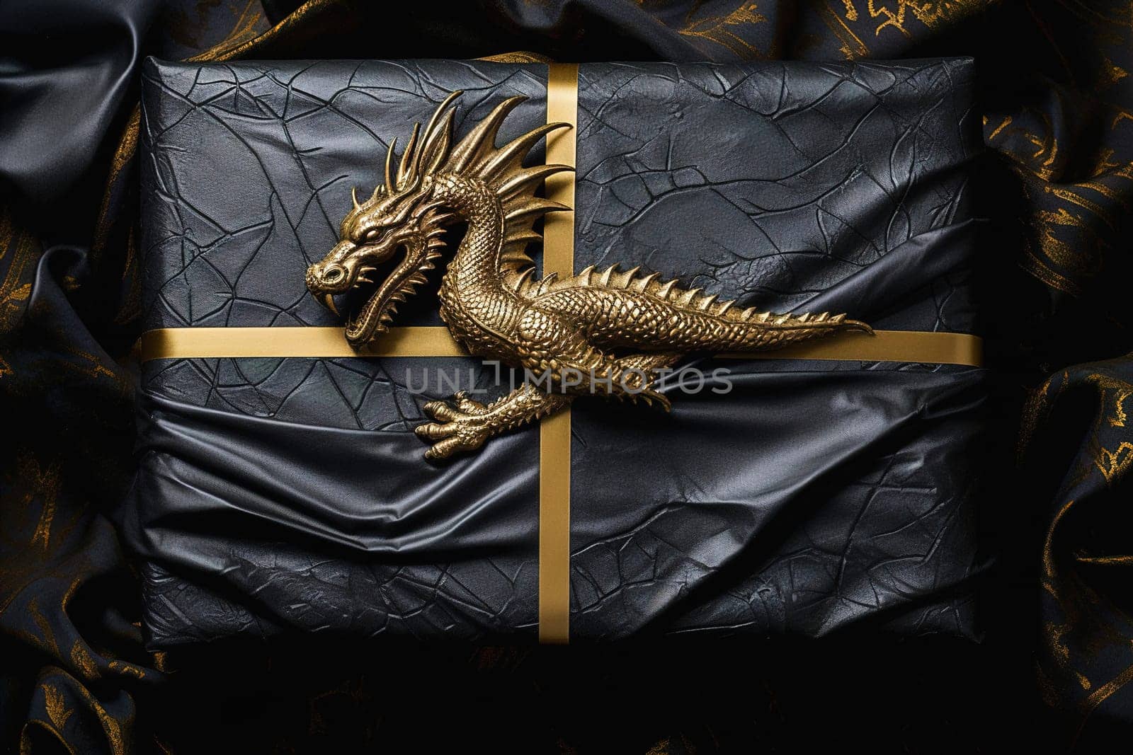 Black gift box with a dragon image. Symbol of the new year 2024. High quality photo