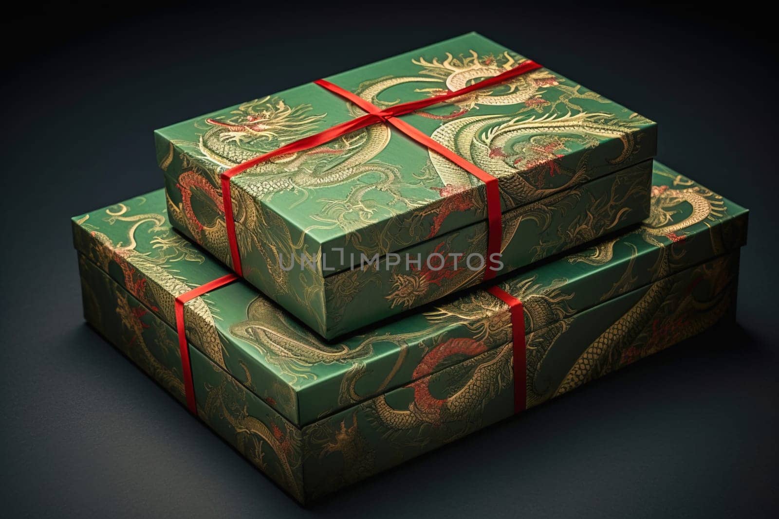 Green gift box with a dragon image. High quality photo