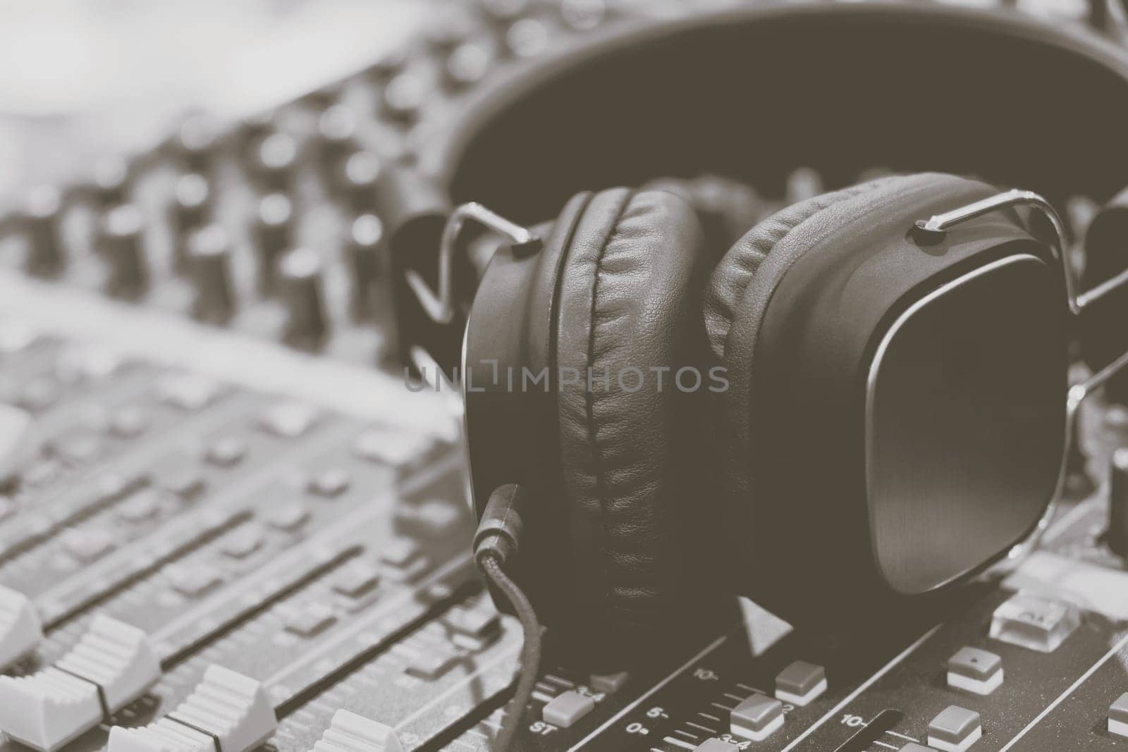 close up of Headphones on sound mixer