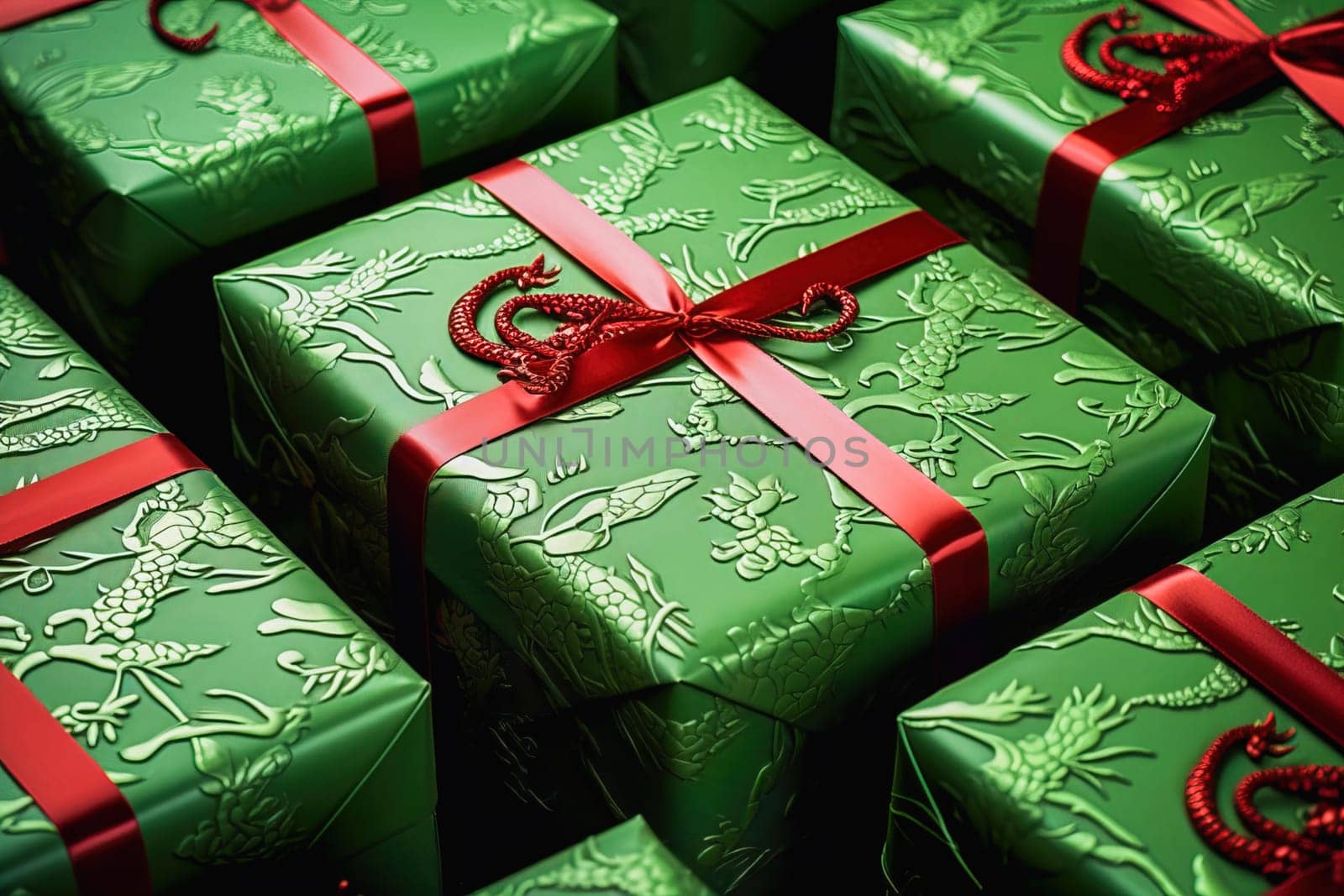 Green gift box with a dragon image. High quality photo