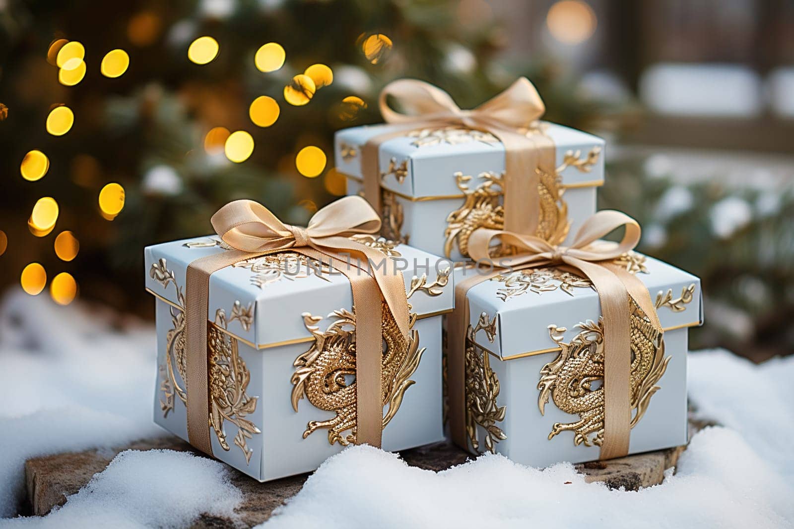 A white gift box with an image of a dragon tied with a yellow ribbon. High quality photo
