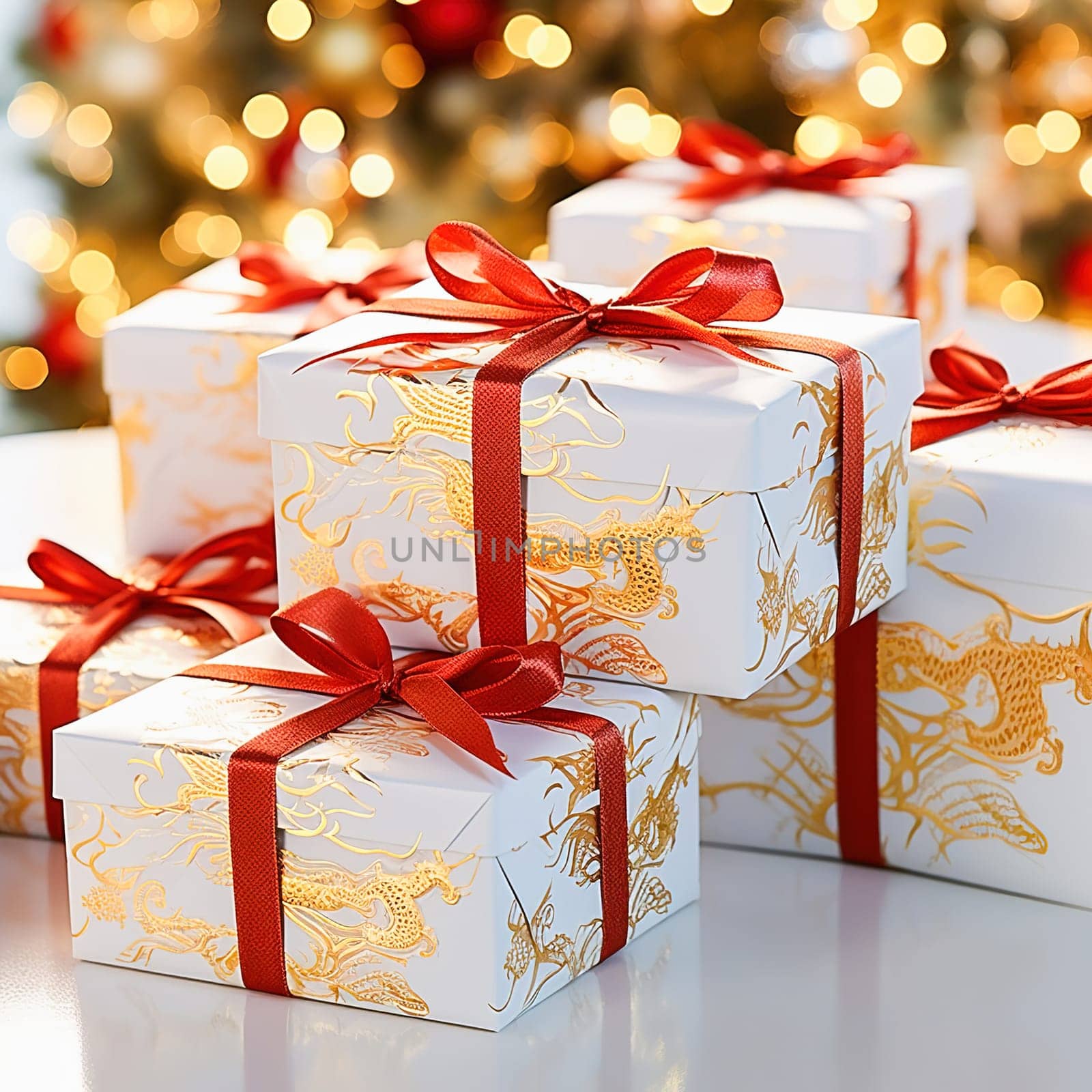 A white gift box with a dragon image is tied with a red ribbon. by Yurich32