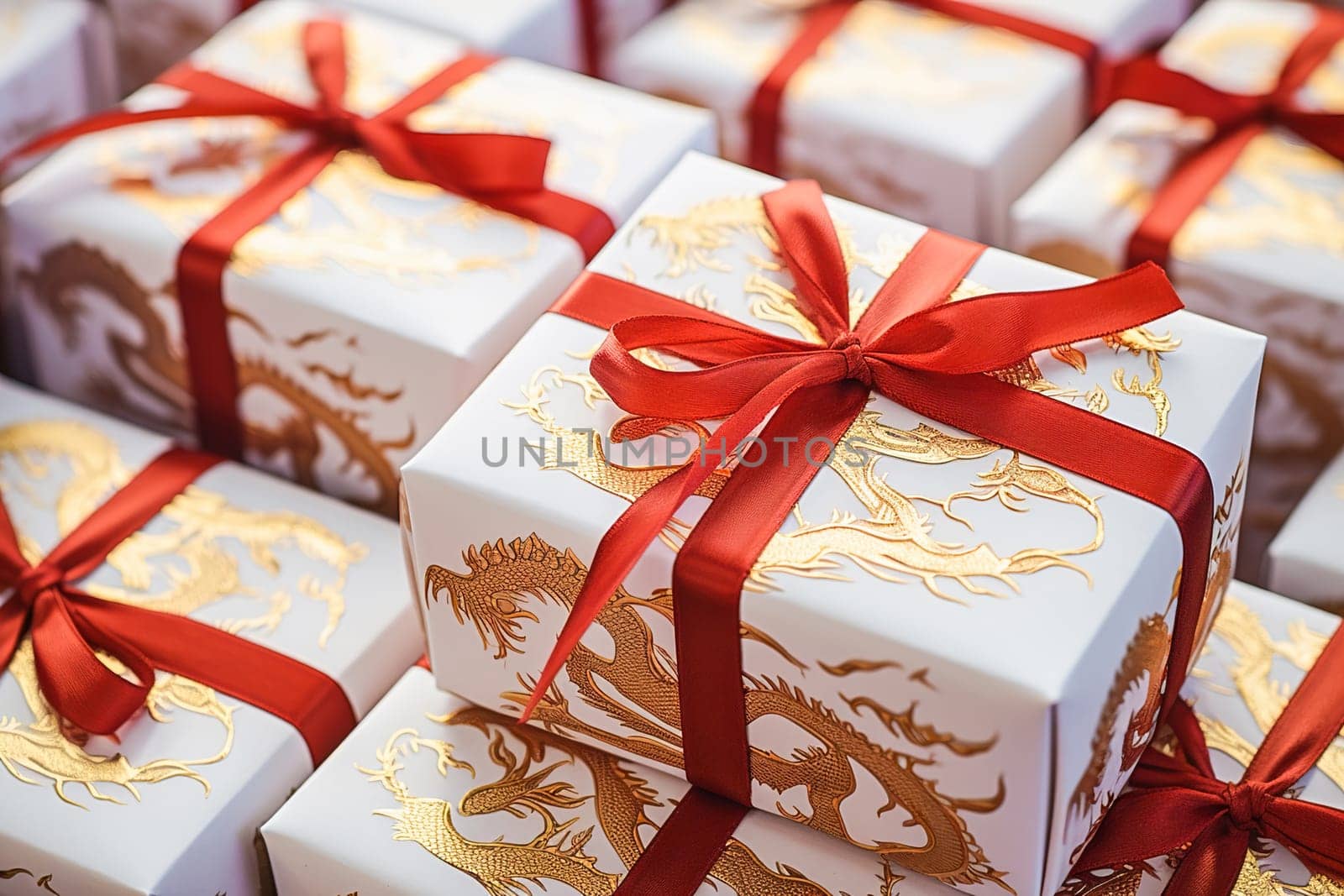 A white gift box with a dragon image is tied with a red ribbon. High quality photo