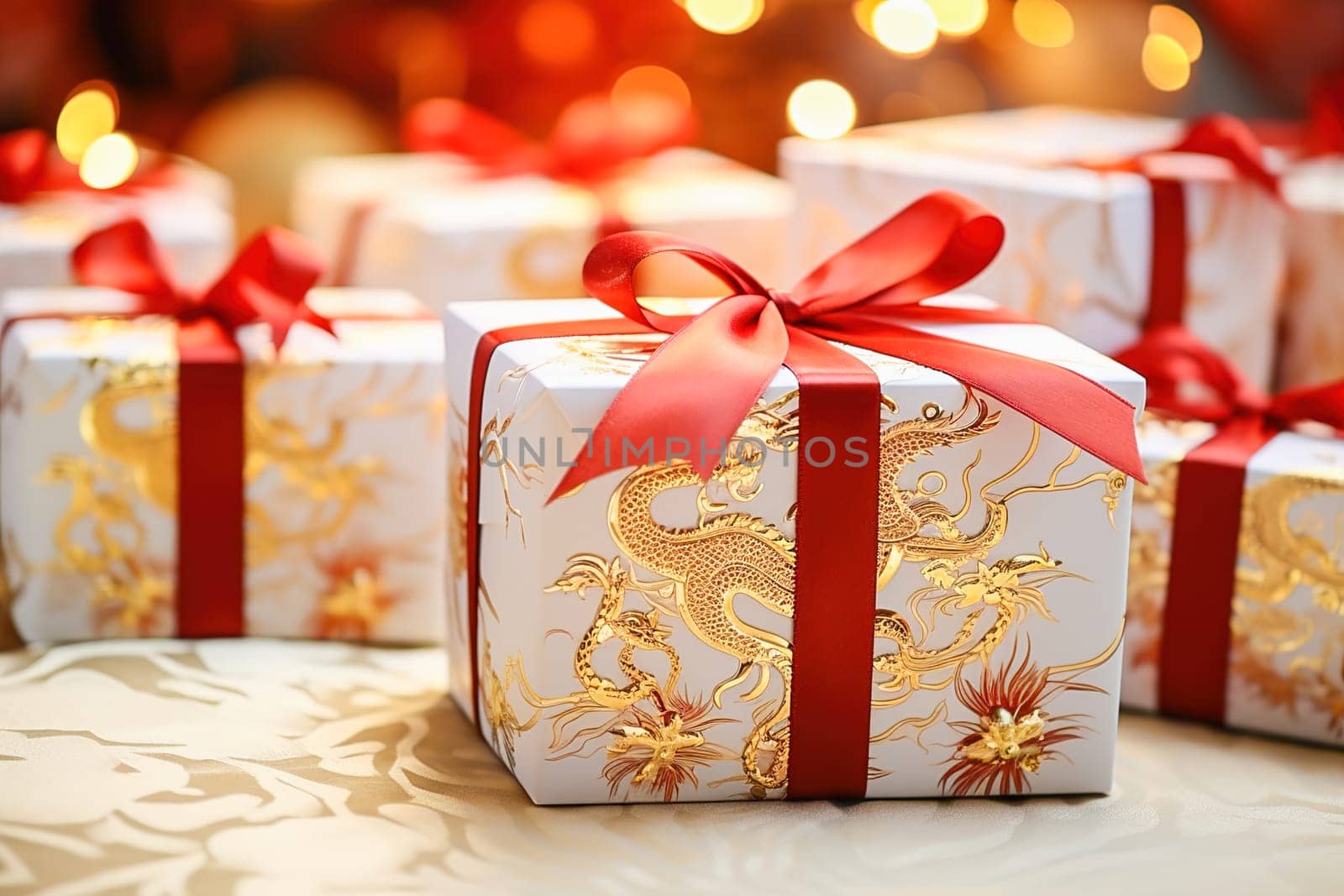 A white gift box with a dragon image is tied with a red ribbon. by Yurich32