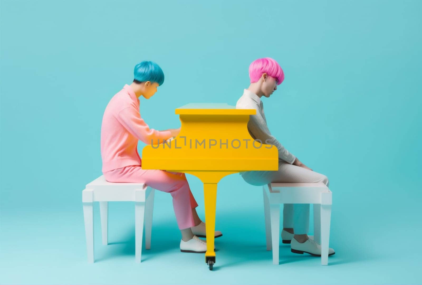 design concept note trend children modern pianist background rainbow colourful playing piano people music key art performance illustration club entertainment. Generative AI.