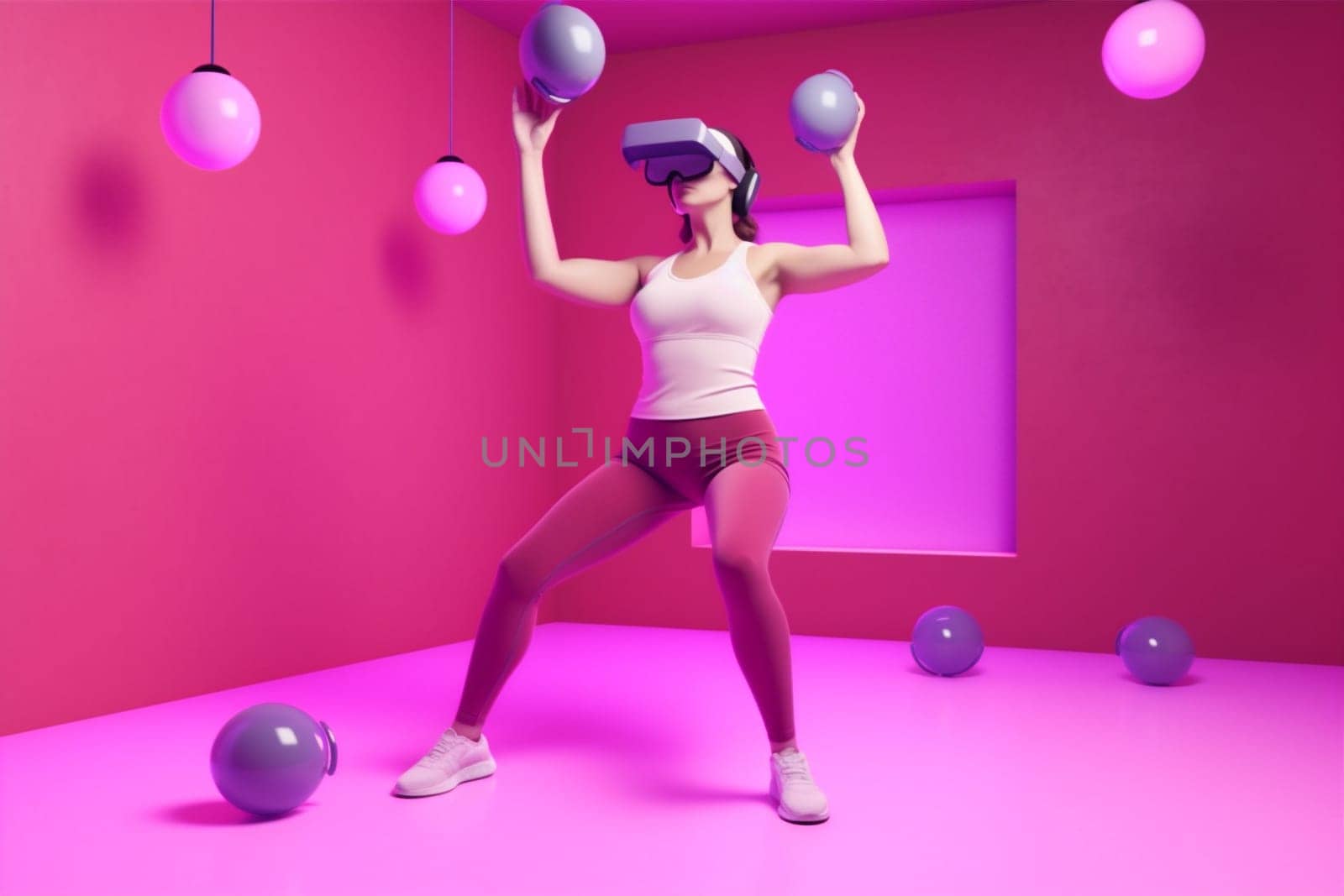 woman black three-dimensional reality virtual cyber 3d game headset glasses gadget internet render sport neon 3d innovation yoga technology digital colorful vr. Generative AI.