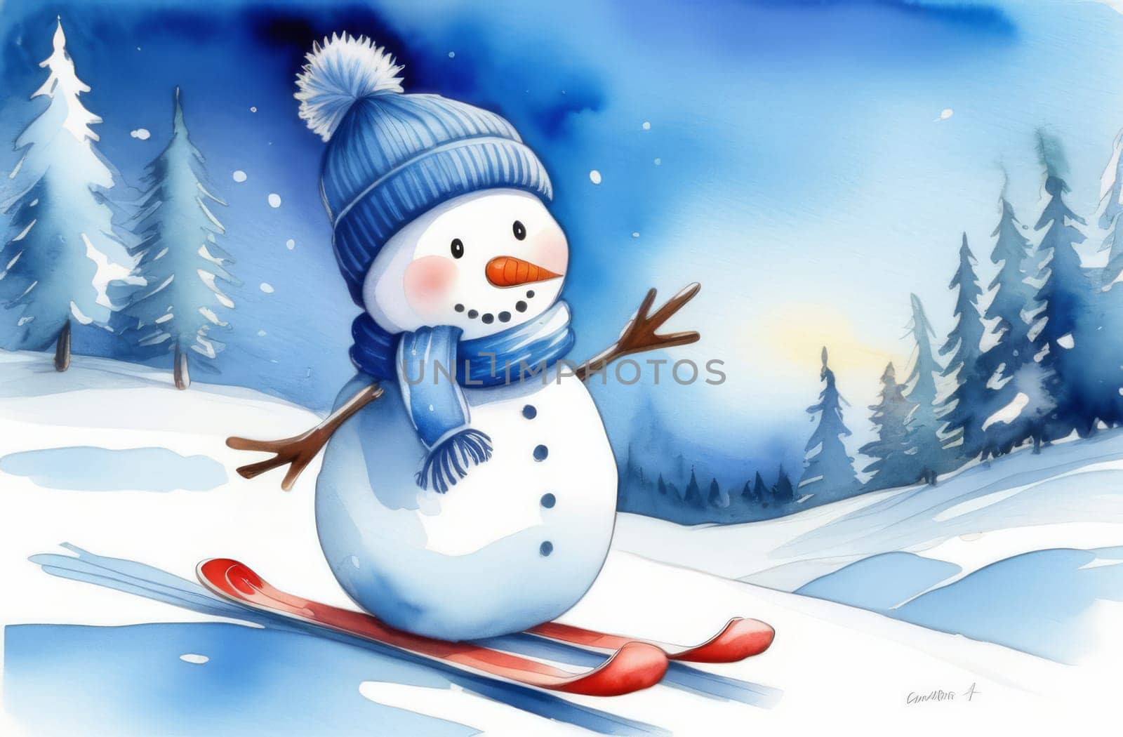 A snowman in a blue hat and scarf is skiing down