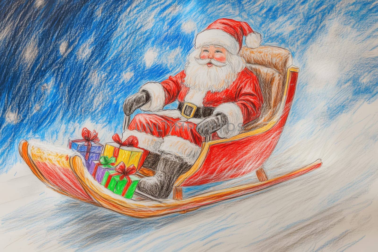 Santa Claus on a sleigh with gifts. Child's hand drawing with pencils.