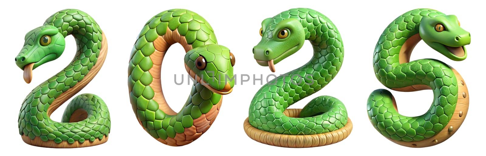 Three stylized green snakes are arranged to form the numerals 2025, showcasing vibrant colors and detailed textures, symbolizing creativity and artistry.