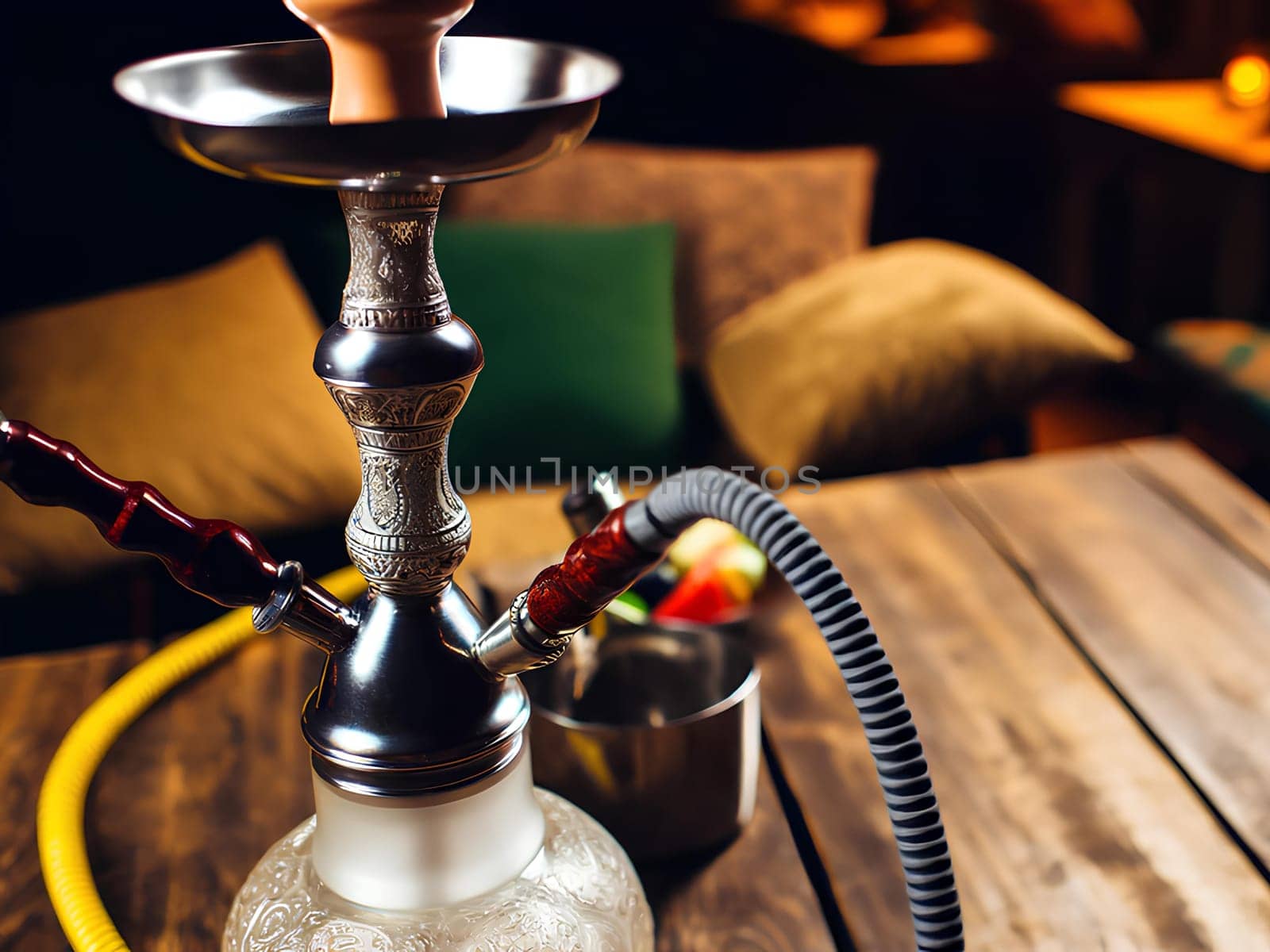 a hookah on a rustic wooden table.