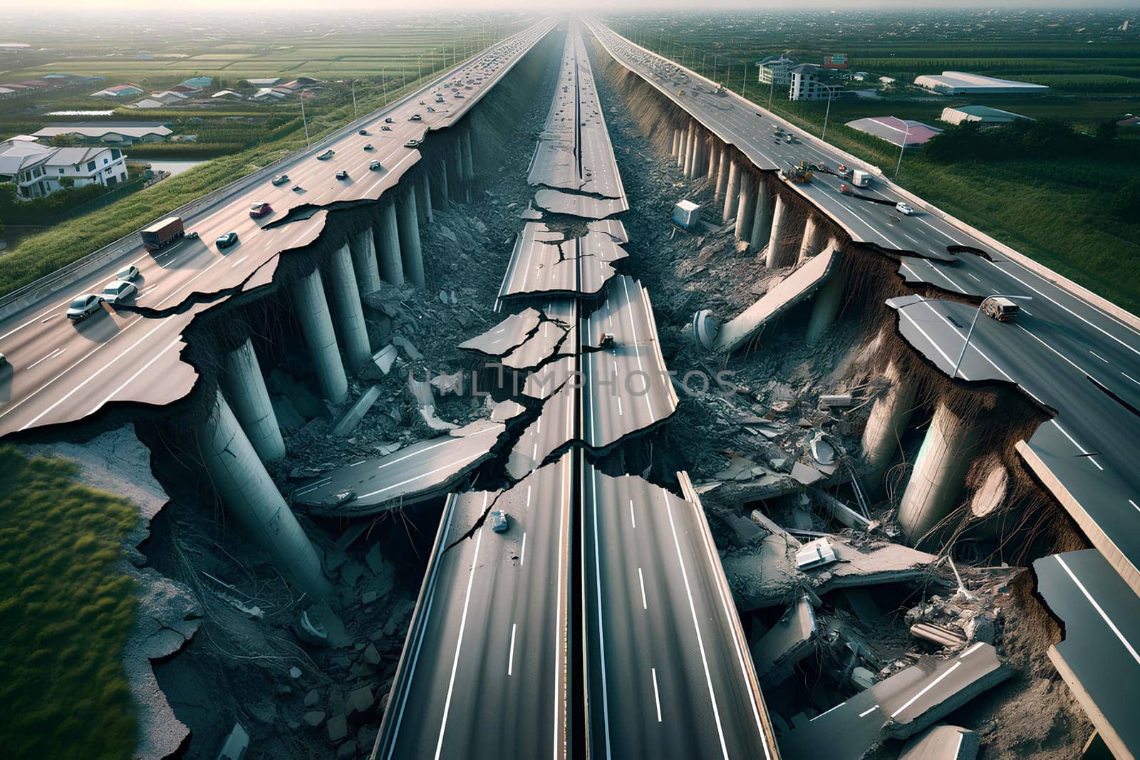 highway damaged by earthquake, top view.