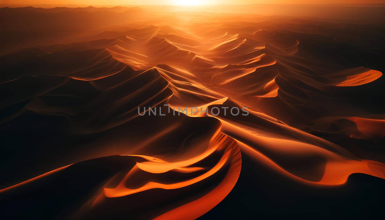 aerial image of a desert orange landscape at sunset.