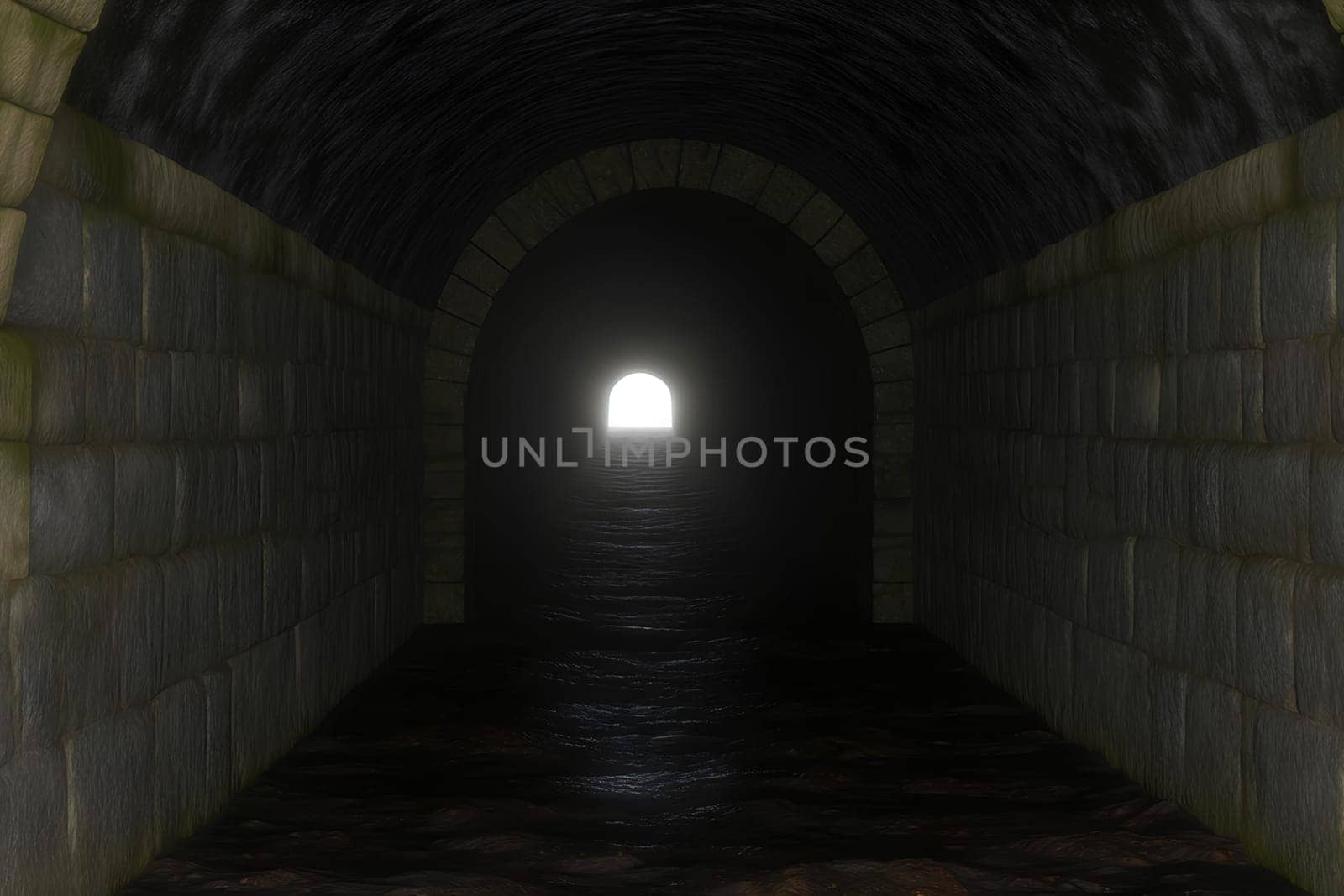a dark, ancient stone tunnel with a faint, distant light at the end.