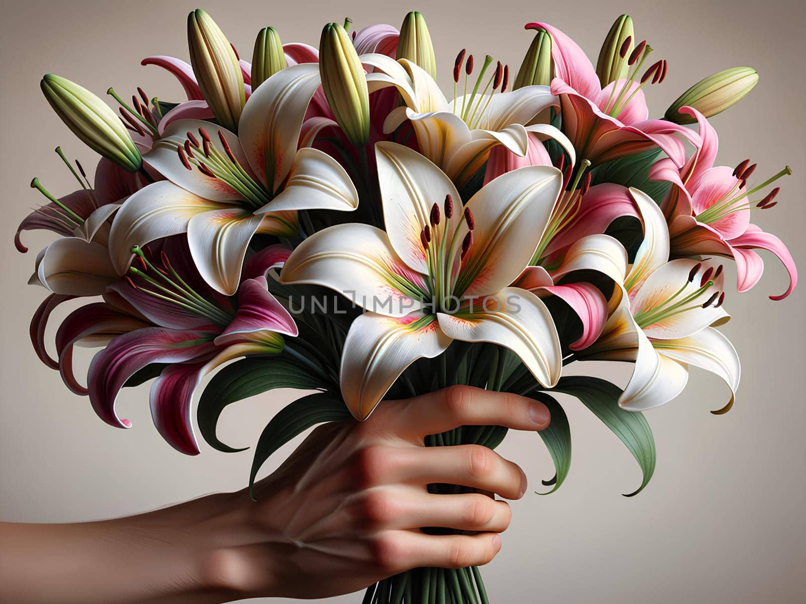 hand holding out a bouquet of lilies.