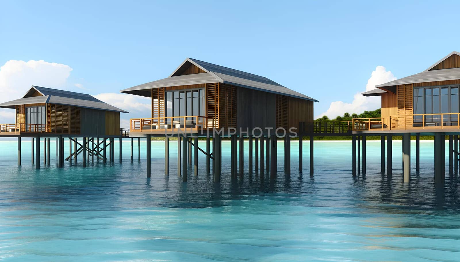 tourist bungalows with natural materials on stilts over the ocean.