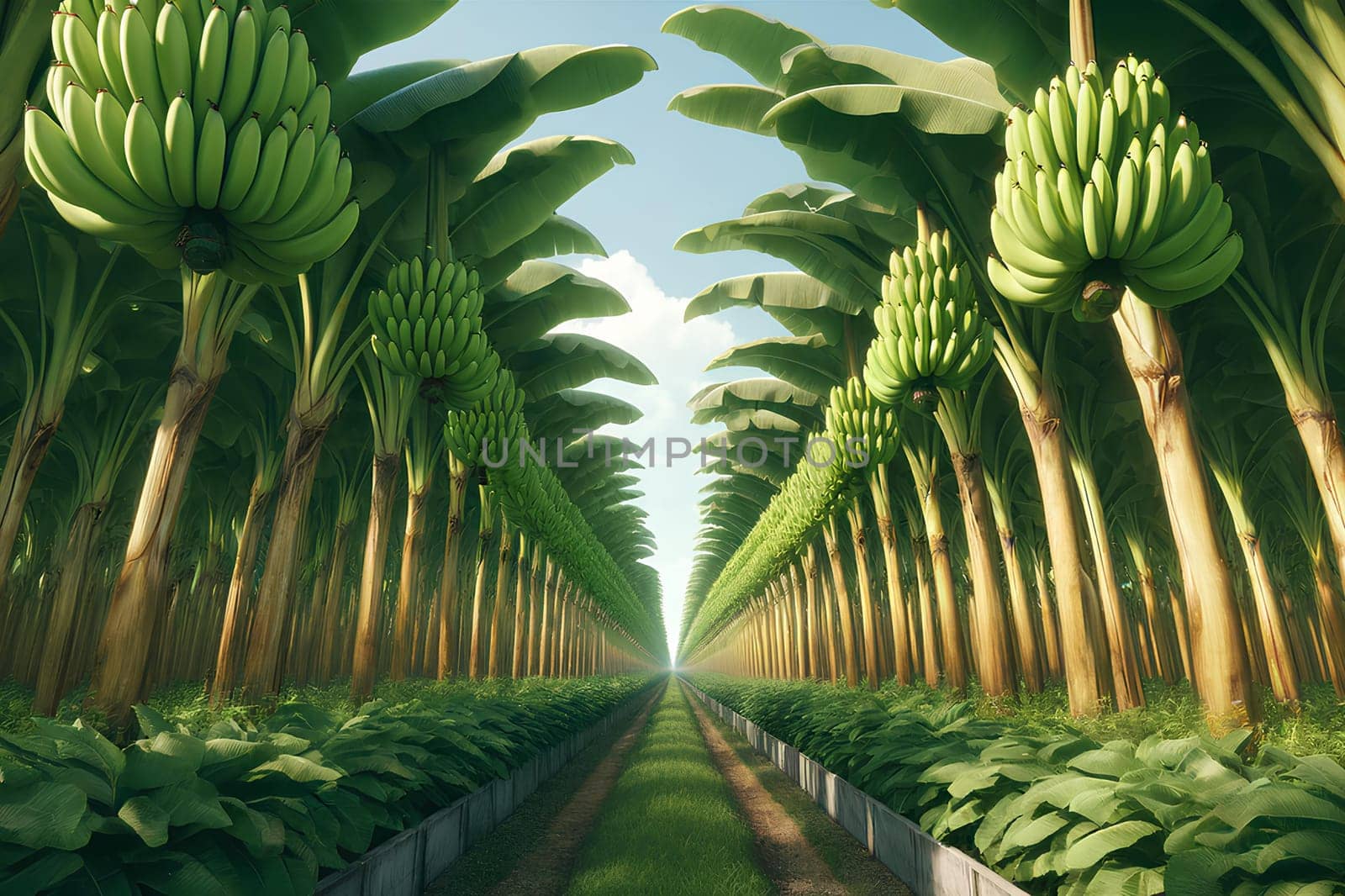 rows of tall banana trees with fruits on a banana plantation.