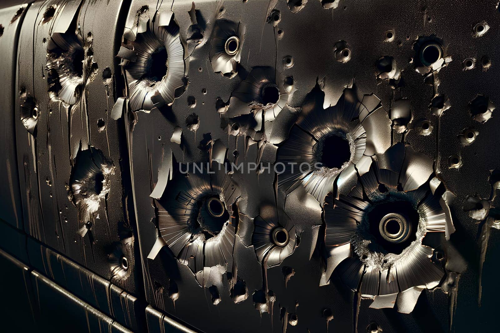 bullet holes in a car door close up.