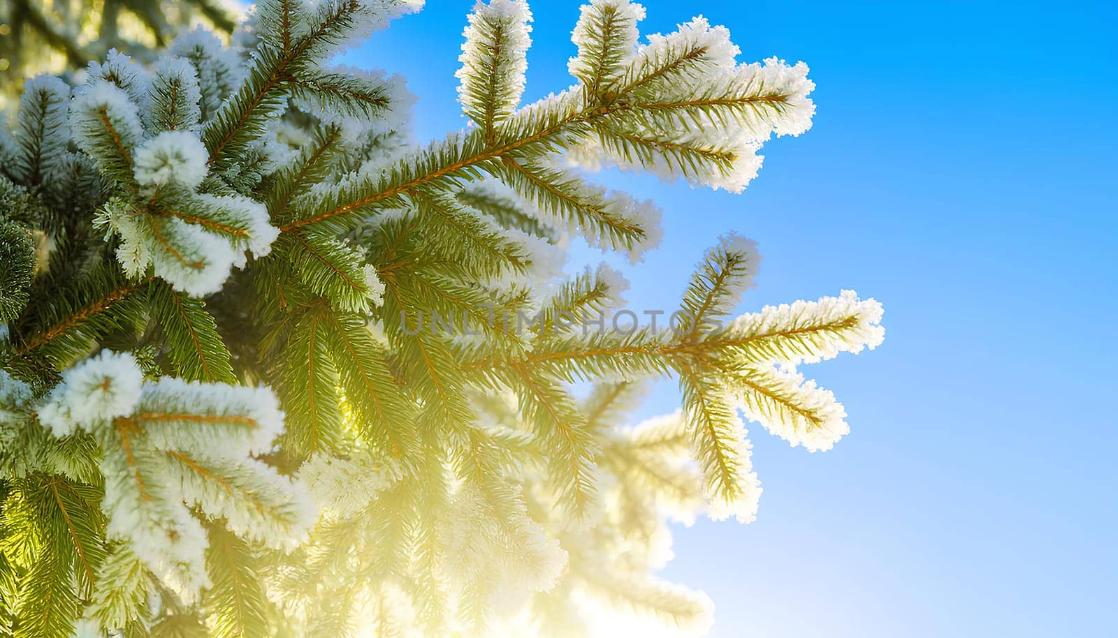 frost-covered fir branches illuminated by soft morning sunlight during winter.