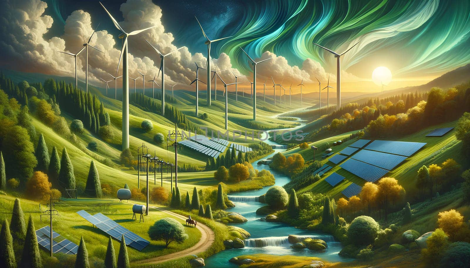 green energy landscape, futuristic integration of renewable energy sources