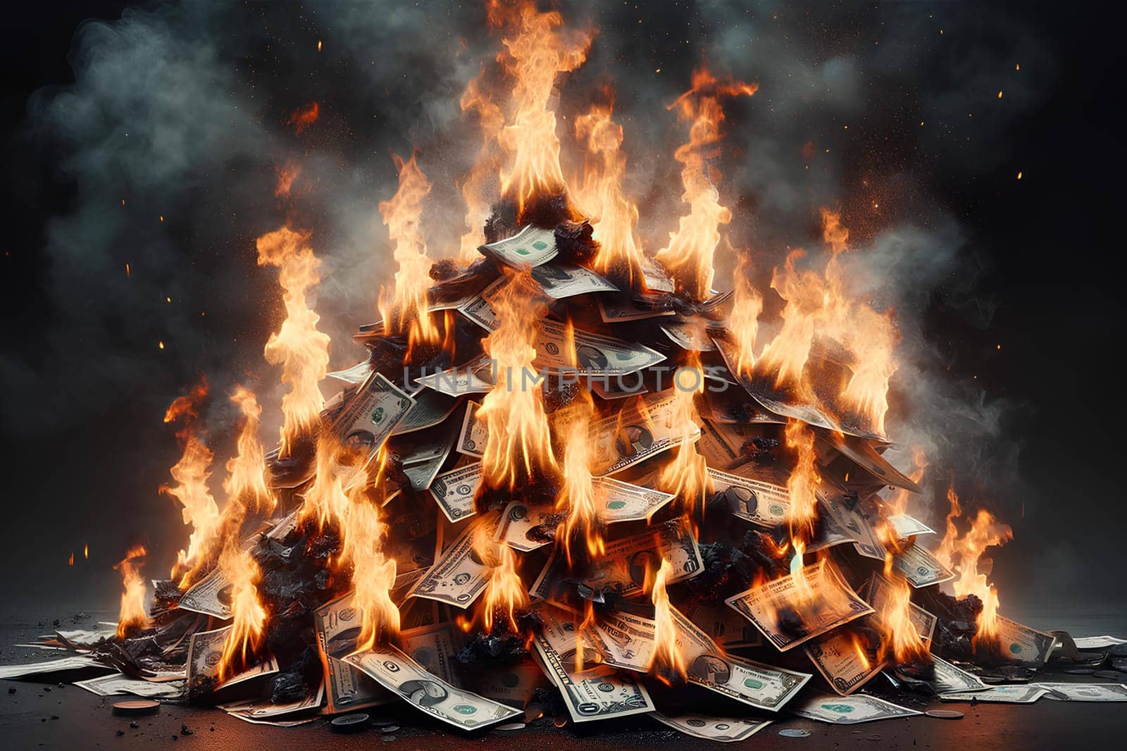a large amount of burning money on the black background.