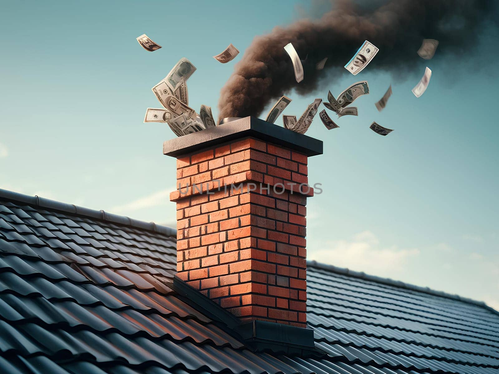 brick chimney on the roof of a residential building, from which money flies out along with the smoke, waste.