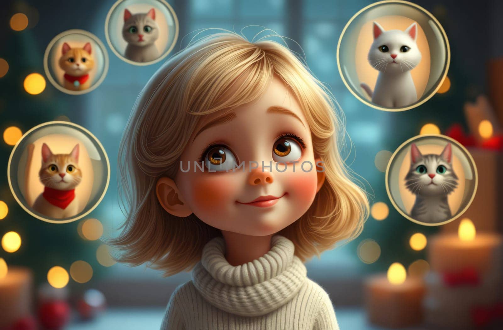Girl dreams of a kitten for the Christmas