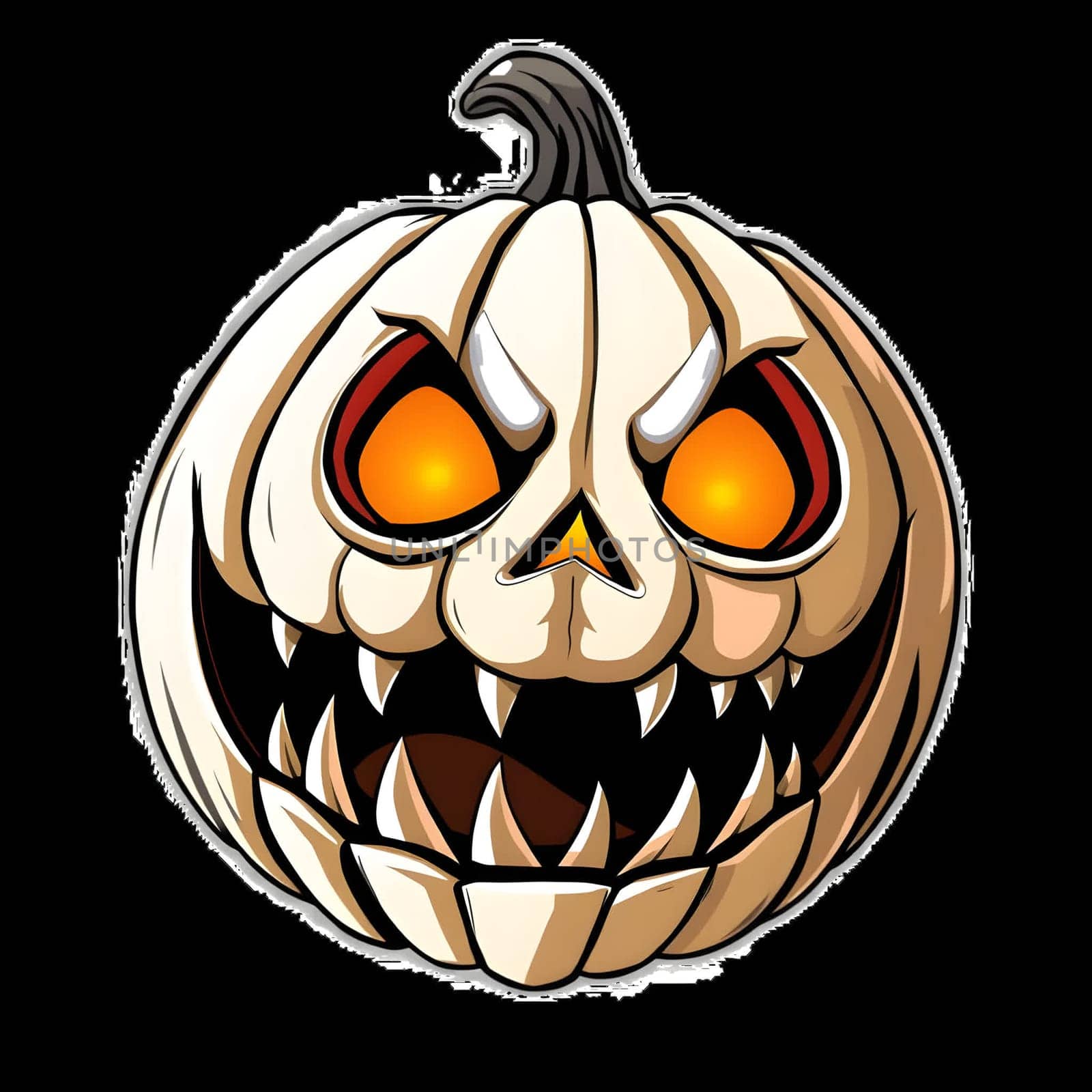 This jack-o'-lantern features a sinister design with bright orange eyes and jagged teeth. Its spooky expression adds a chilling touch, perfect for Halloween festivities at night.