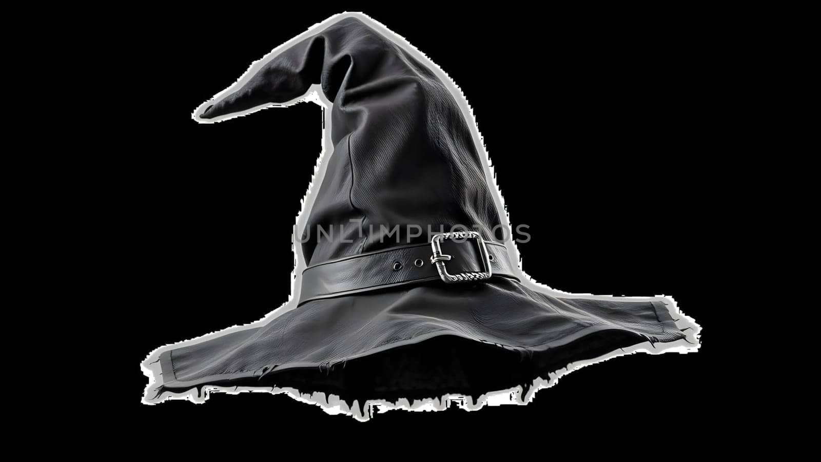 The iconic black witch's hat features a tall conical shape and a frayed brim, perfect for Halloween festivities or themed parties celebrating magic and fantasy.