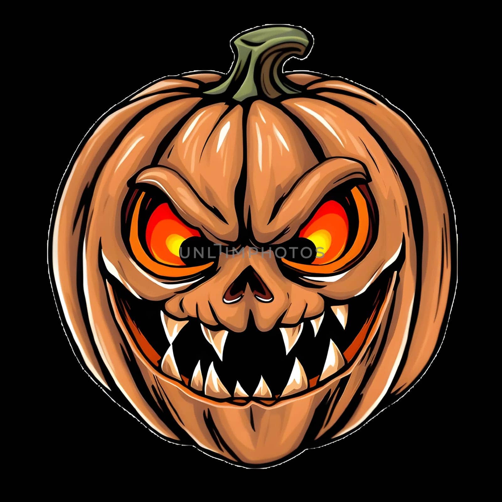 This Halloween pumpkin features a menacing expression with sharp teeth and glowing eyes, perfect for creating a spooky atmosphere. It's ideal for autumn decorations and festive gatherings.
