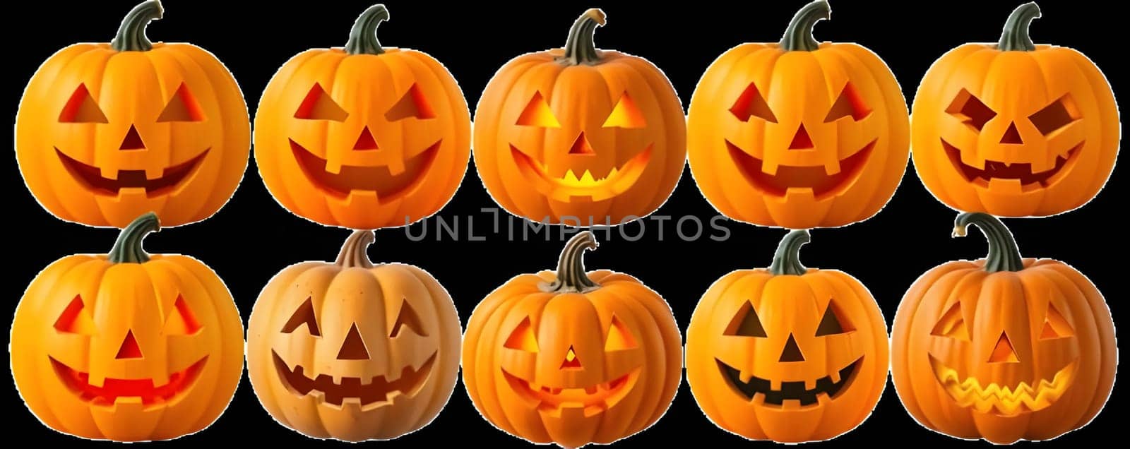 A collection of creatively carved pumpkins showcases various expressive faces, brightly colored in orange with flickering lights. These festive decorations bring a spirited ambiance for Halloween.