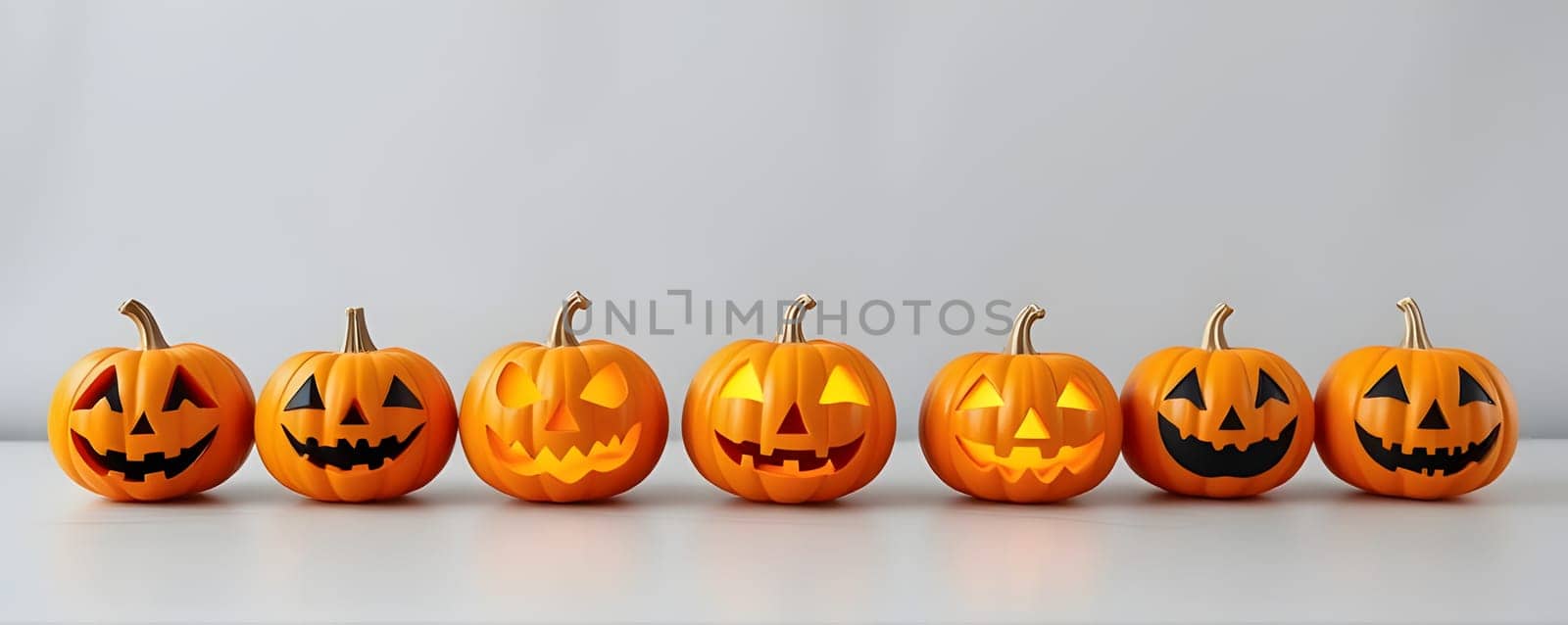 A row of carved pumpkins displays different cheerful and spooky expressions. Each pumpkin is uniquely designed, lit from within, ideal for Halloween celebrations.