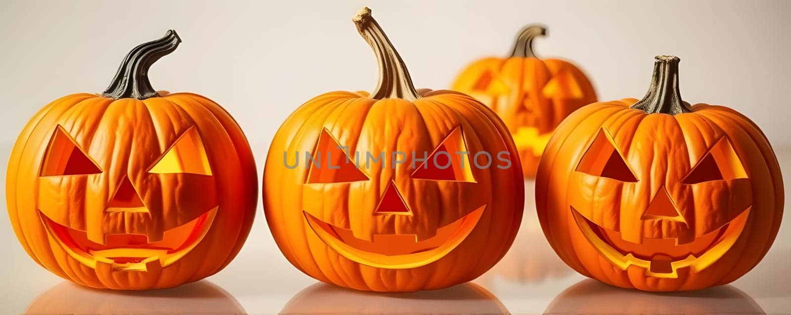 Three creatively carved pumpkins illuminate the festive atmosphere, showcasing smiling faces for the Halloween season. The warm glow enhances the joyful spirit of Halloween.