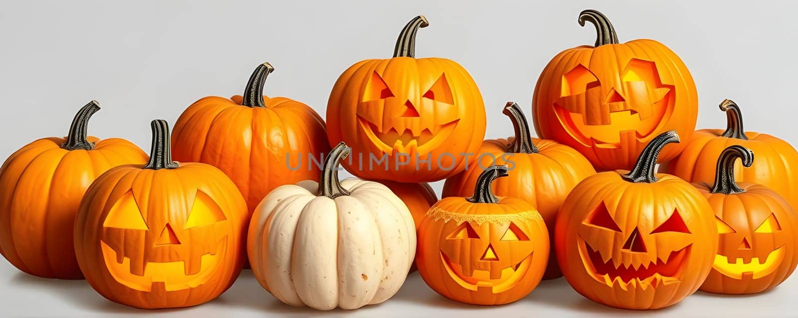 A collection of carved pumpkins features a variety of spooky and playful faces, showcasing iconic Halloween designs. The pumpkins are arranged together, creating a festive atmosphere.
