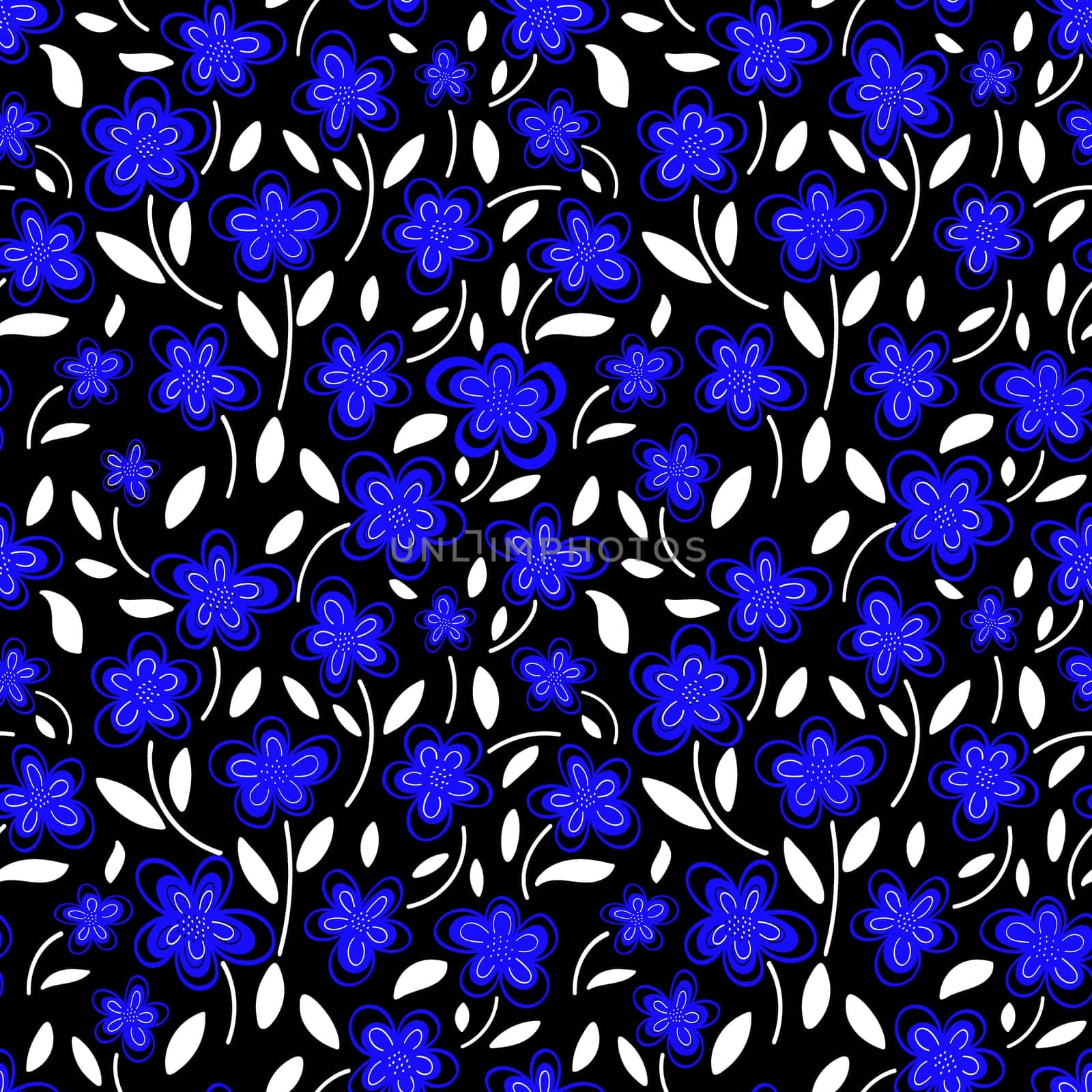 Seamless pattern of Blue chamomile flowers on a black background.Spring pattern.