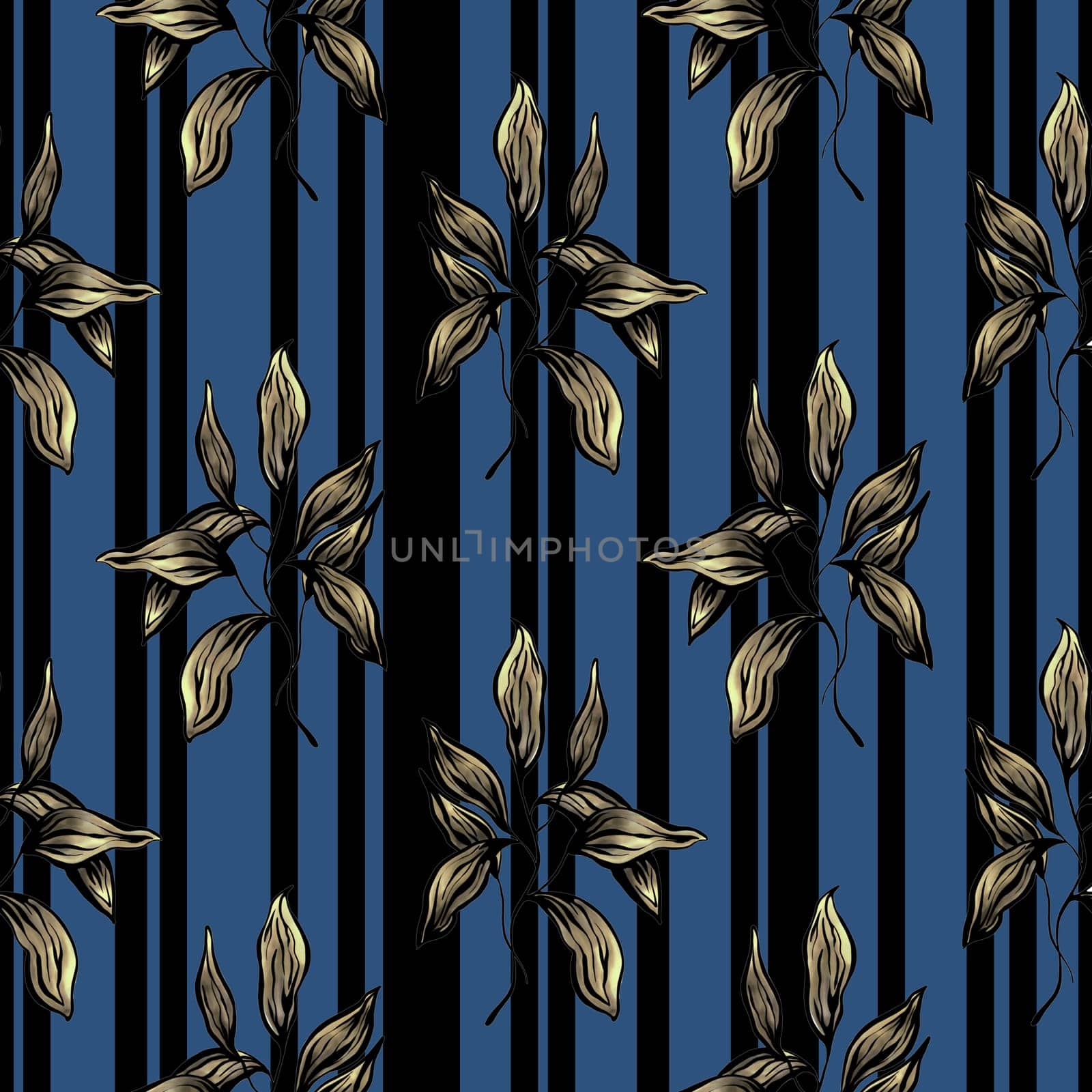 Seamless pattern with gold leaves on a striped blue and black background in vintage style. High quality photo