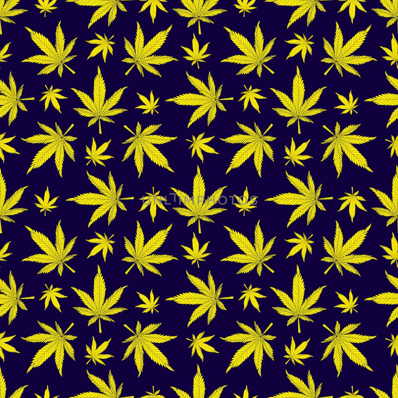 Cannabis seamless pattern. Yellow hemp leaves on a black background. Marijuana pattern illustration