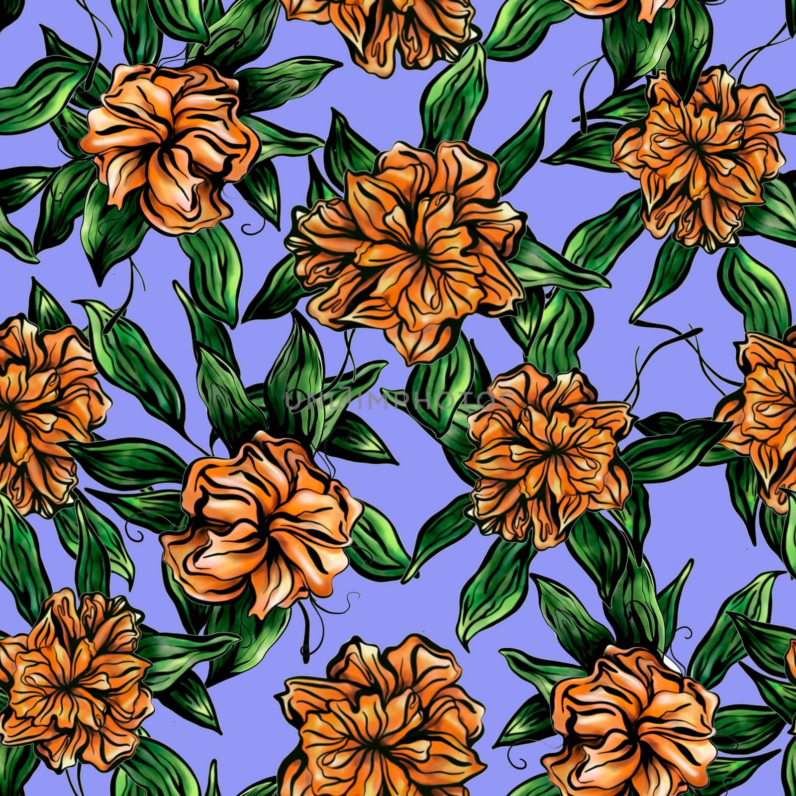 Seamless pattern with orange flowers on a blue background. . Watercolor illustration