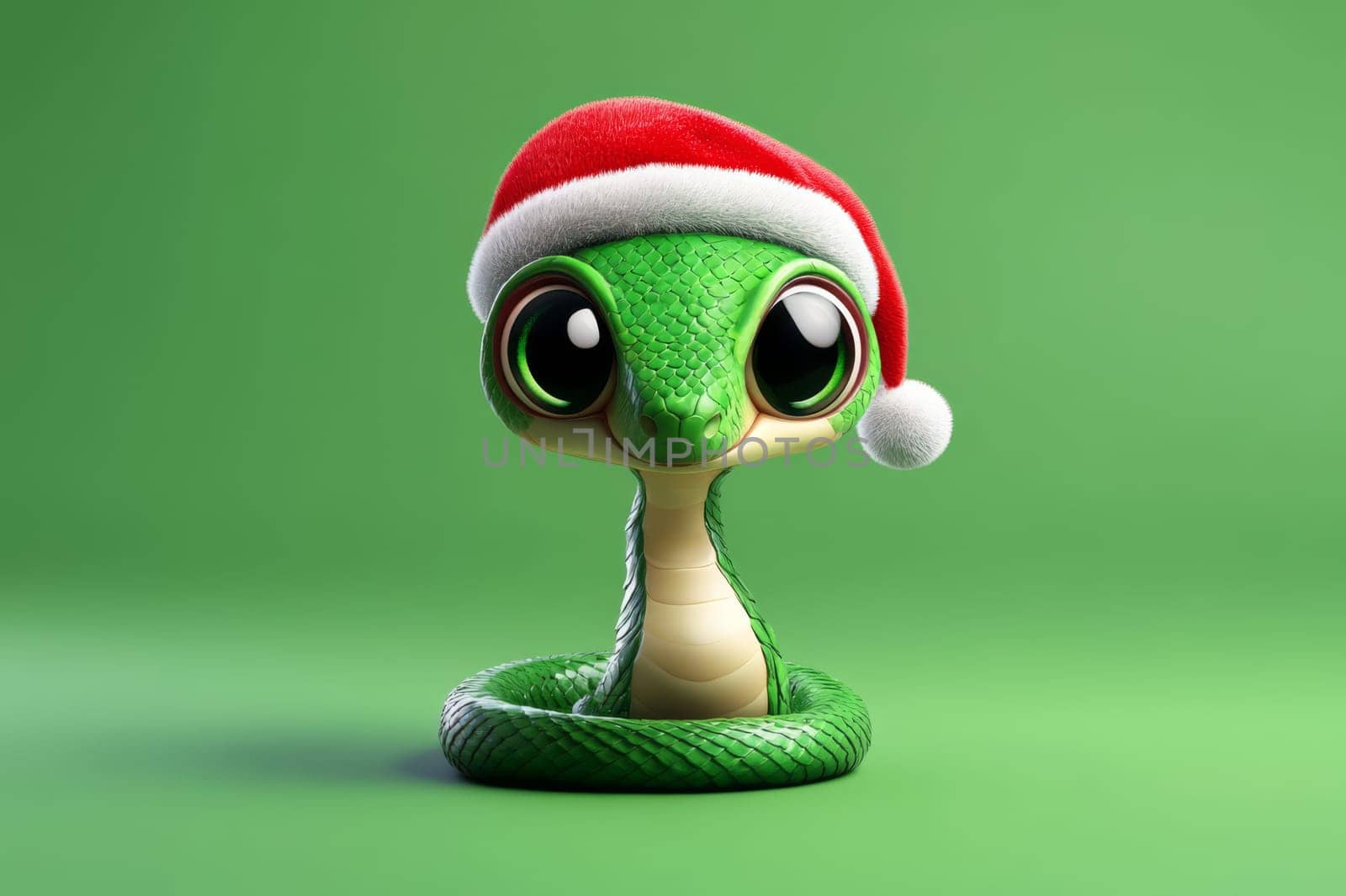 Cartoon green snake in santa hat on green background