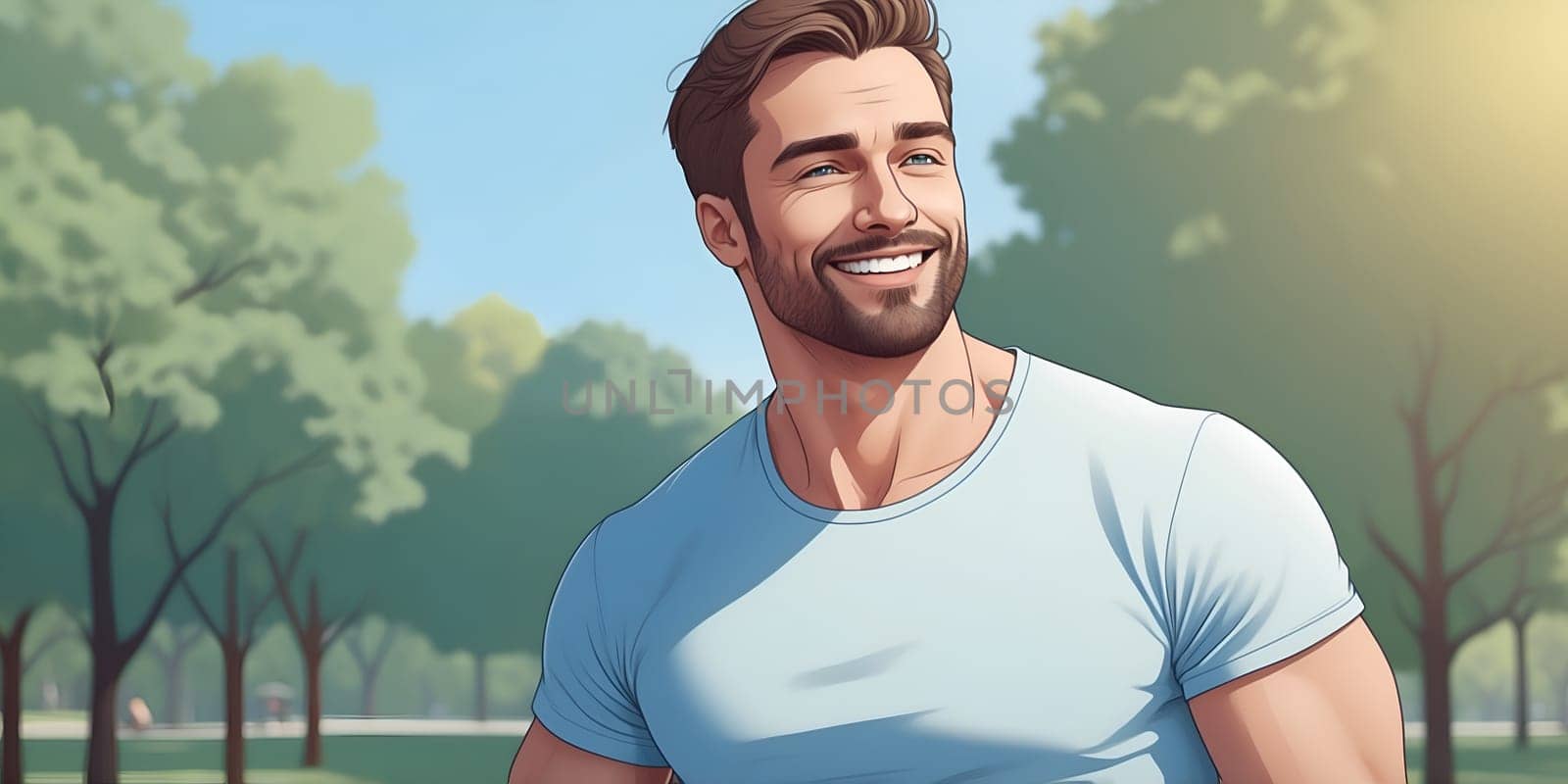 A cheerful young man walks through a sunny park, surrounded by lush green trees. He smiles brightly, radiating positivity and joy as he enjoys the beautiful outdoor scenery.