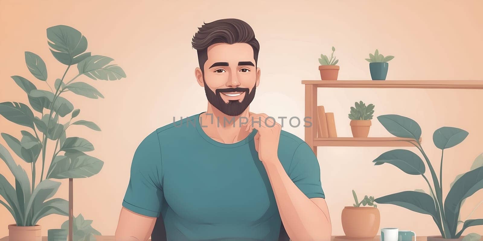 A man with a beard and a bright smile sits in a cozy indoor space filled with various plants. He exudes a warm and inviting atmosphere, perfect for engaging content.